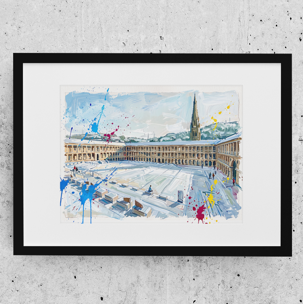 A framed watercolor painting of a snowy courtyard scene with a classical building and a tower, displayed on a textured gray concrete wall.