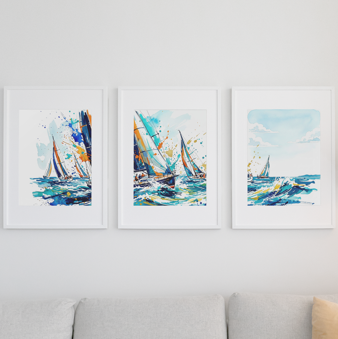 Ocean Sailing Triptych Art Print – Expressive Coloursplash Design