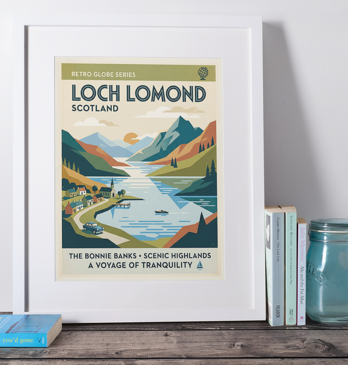 Loch Lomond Retro Travel Print – Mid‑Century Scottish Highlands Wall Art