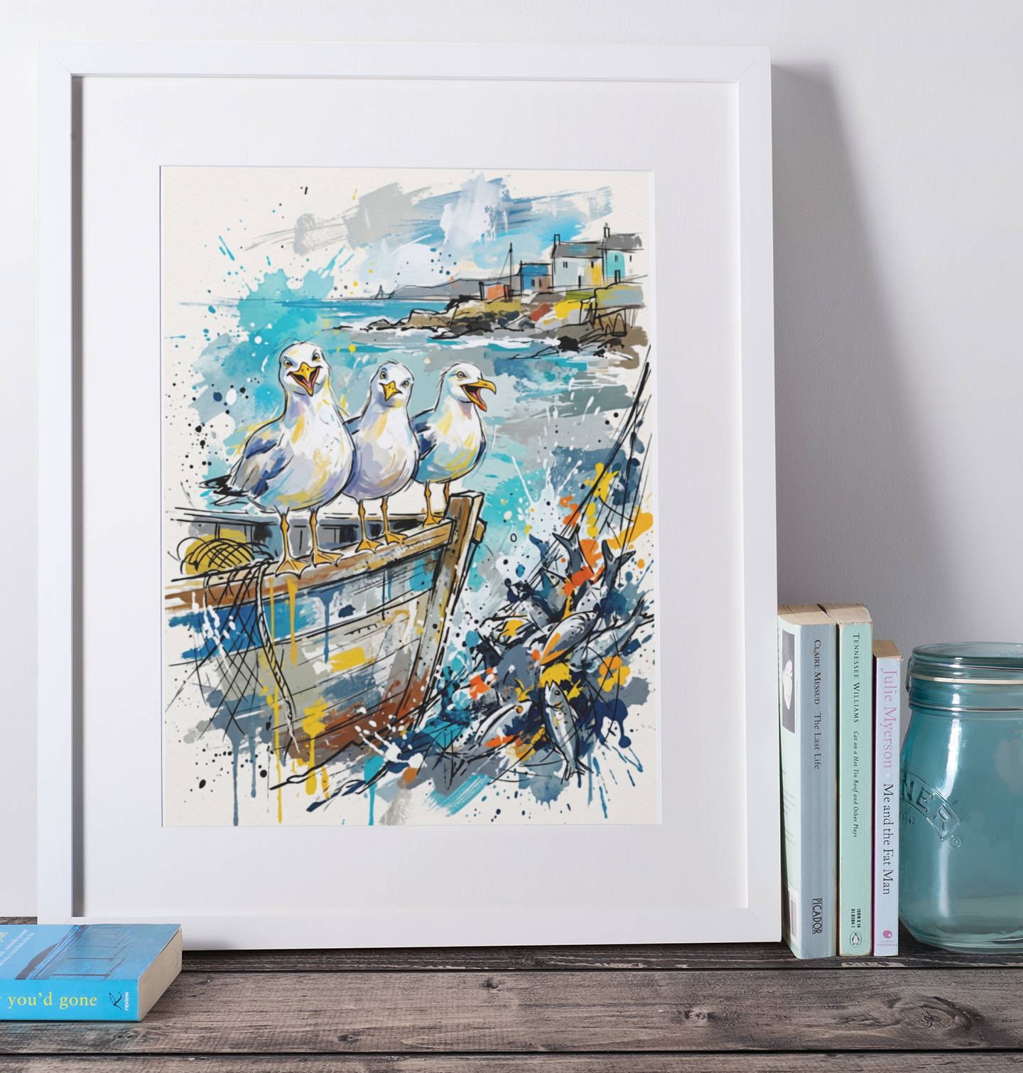 Expressive Coloursplash Seagulls & Coastal Fishing Boat Print – Contemporary Coastal Wall Art