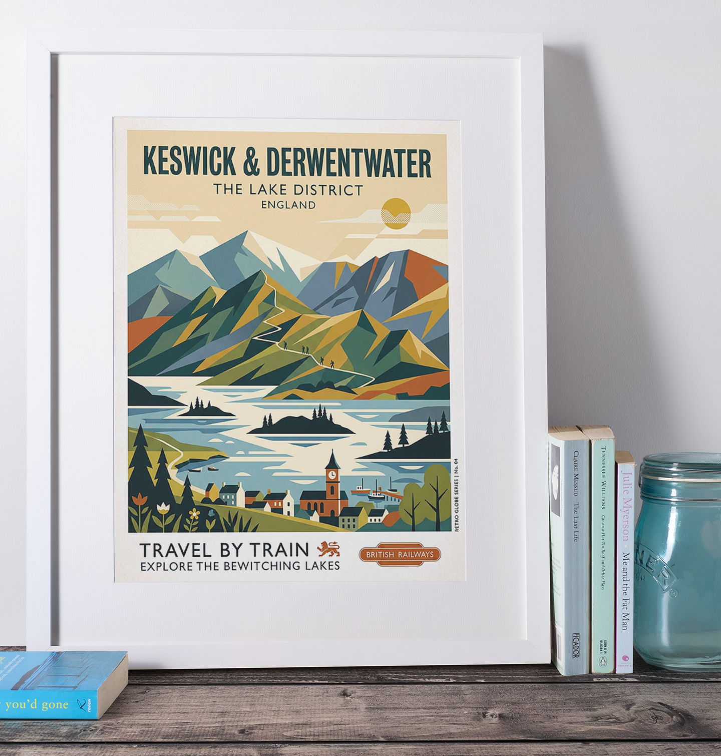 Keswick & Derwentwater Retro Travel Print – Mid‑Century Lake District Wall Art