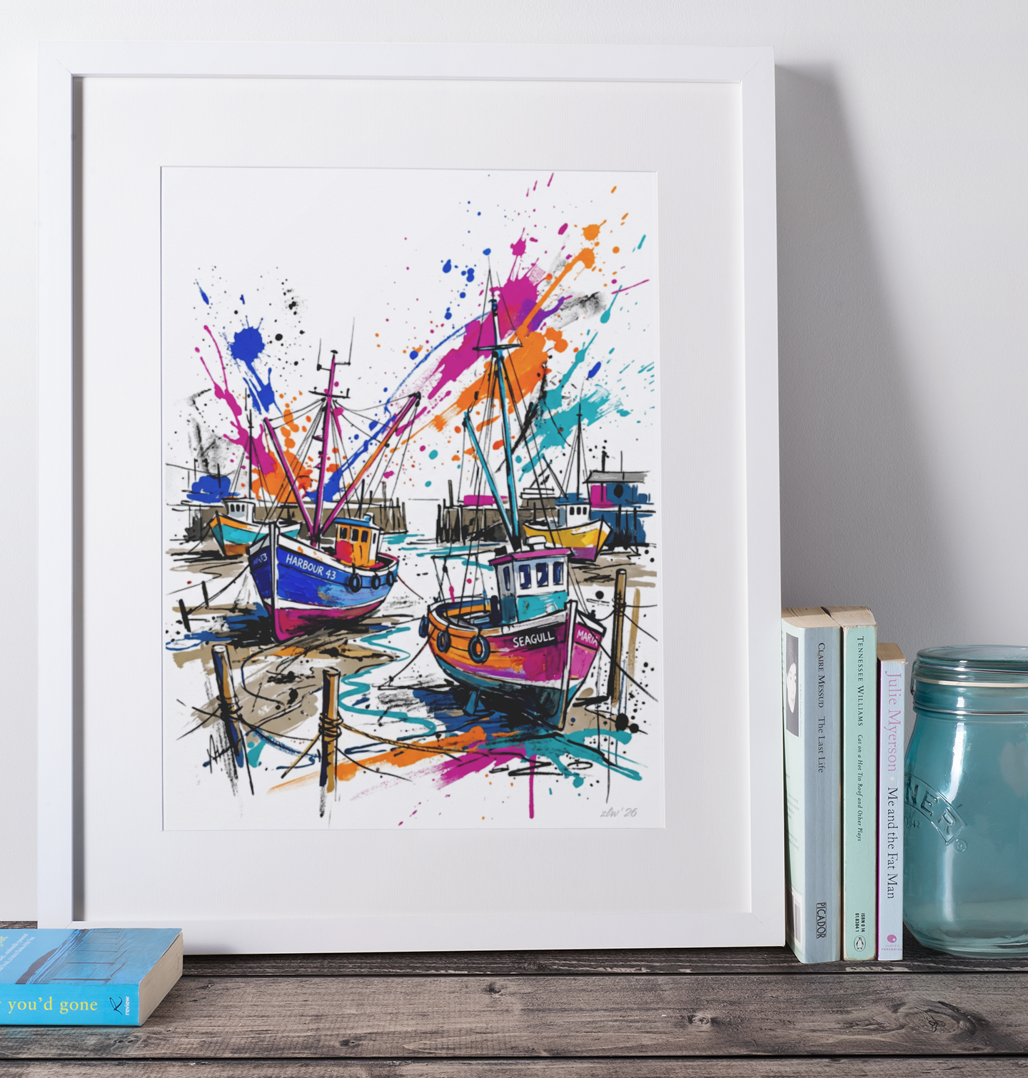 Harbour Boats Coloursplash Coastal Print – Modern Nautical Wall Art