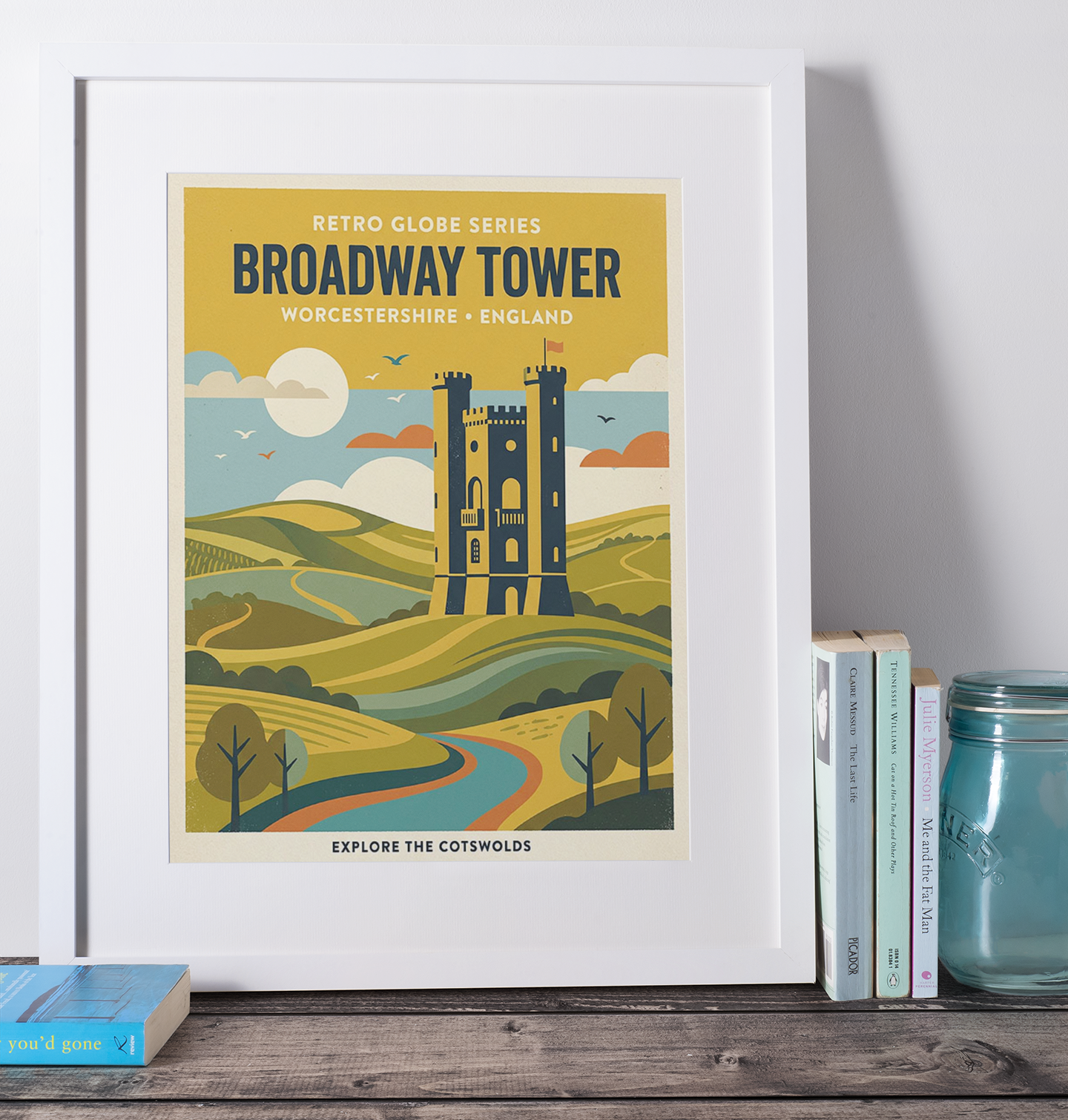 Broadway Tower Retro Travel Print – Mid‑Century Cotswolds Wall Art
