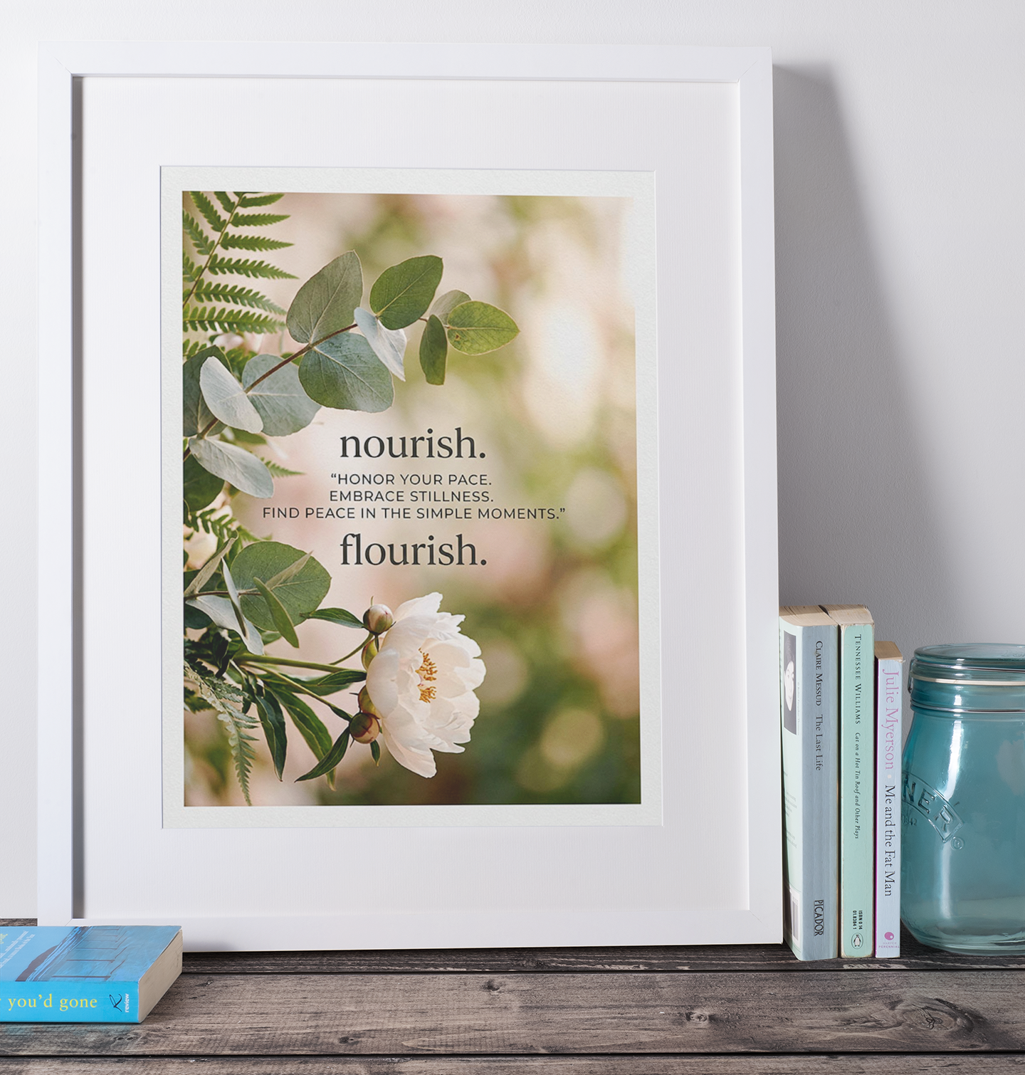 “Nourish & Flourish” Peony Wellness Art Print – Mindfulness & Self‑Care Wall Art