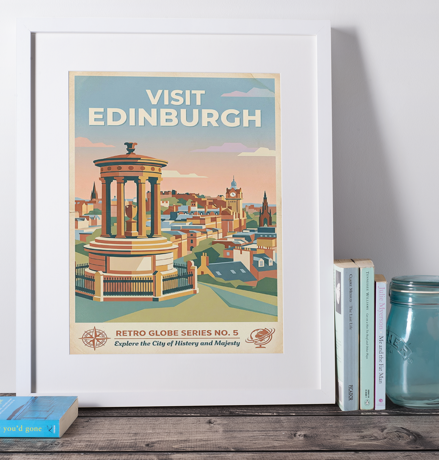 Edinburgh Retro Travel Print – Mid‑Century Calton Hill Wall Art