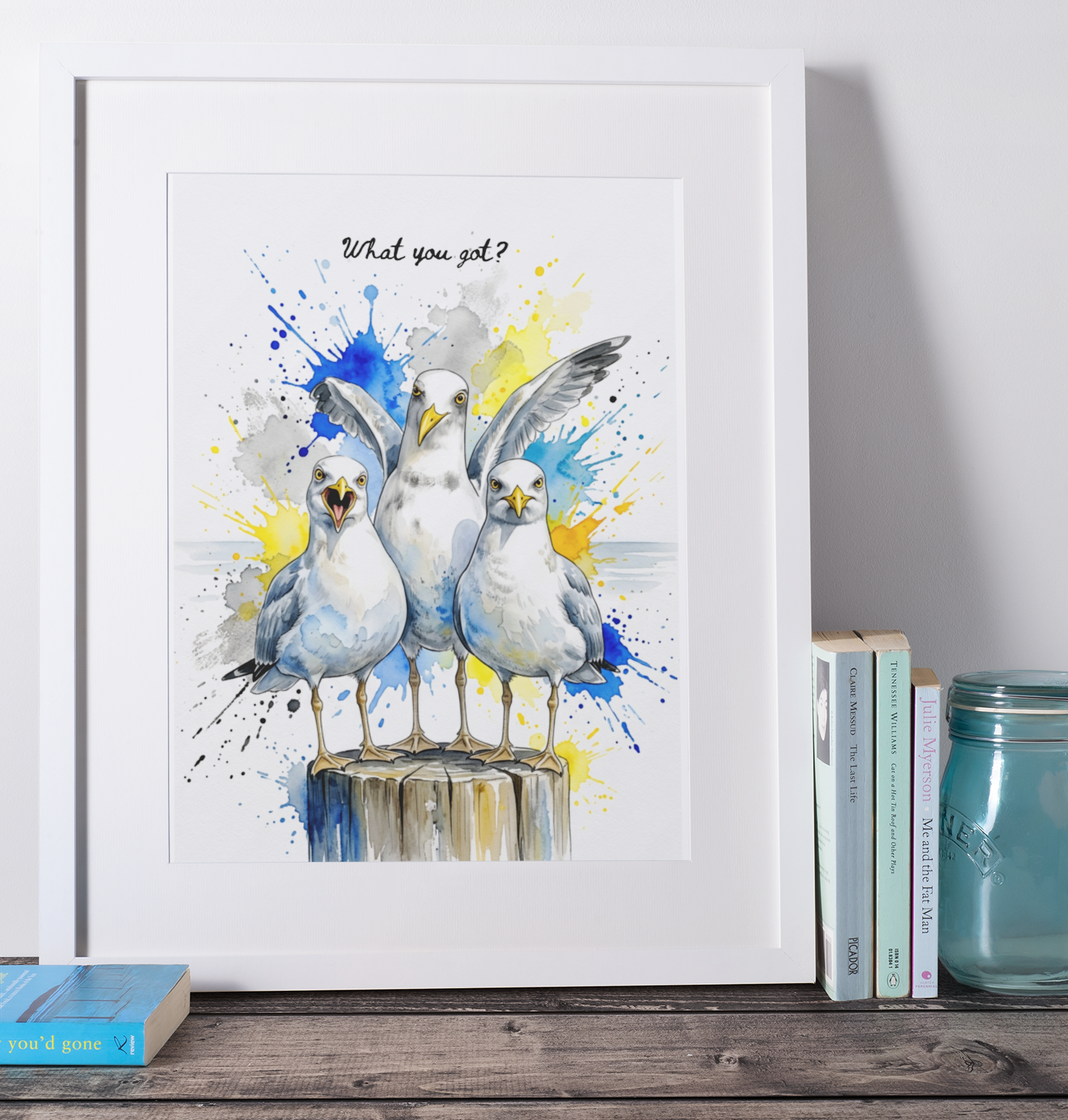 Seagulls “What You Got?” Coloursplash Coastal Print – Modern Nautical Wall Art