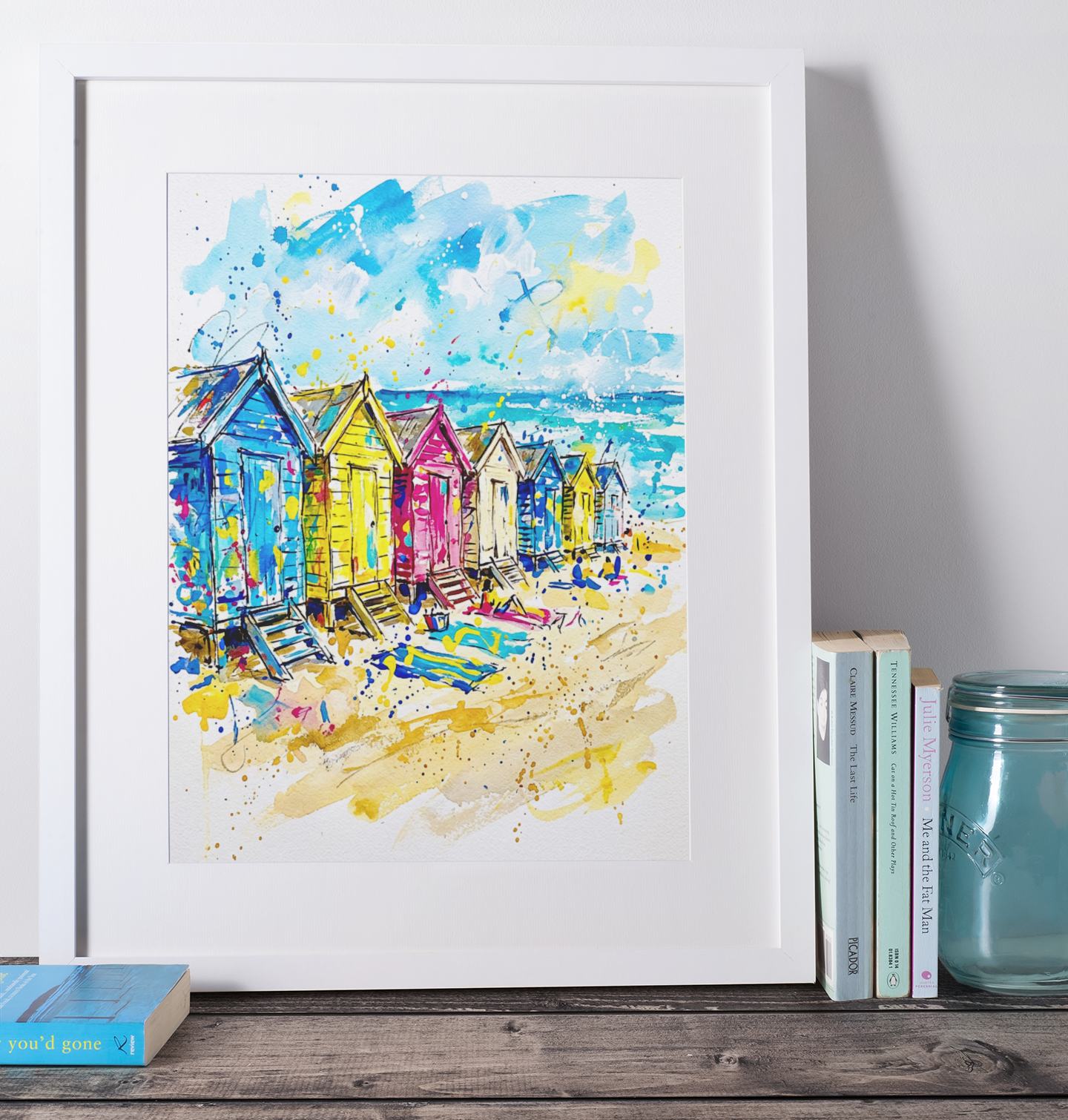 Expressive Coloursplash Beach Huts Print – Vibrant Coastal Wall Art