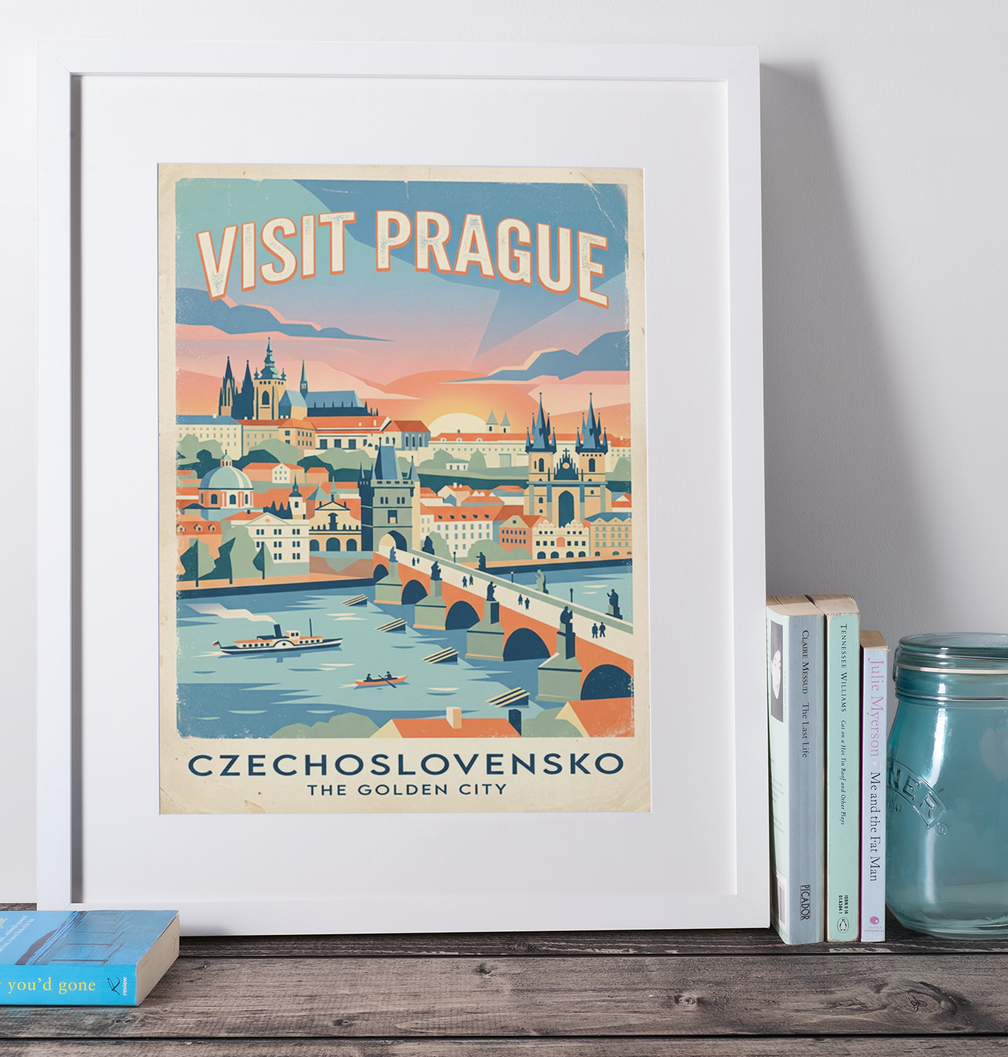 Prague Travel Poster – Vintage Golden City Wall Art