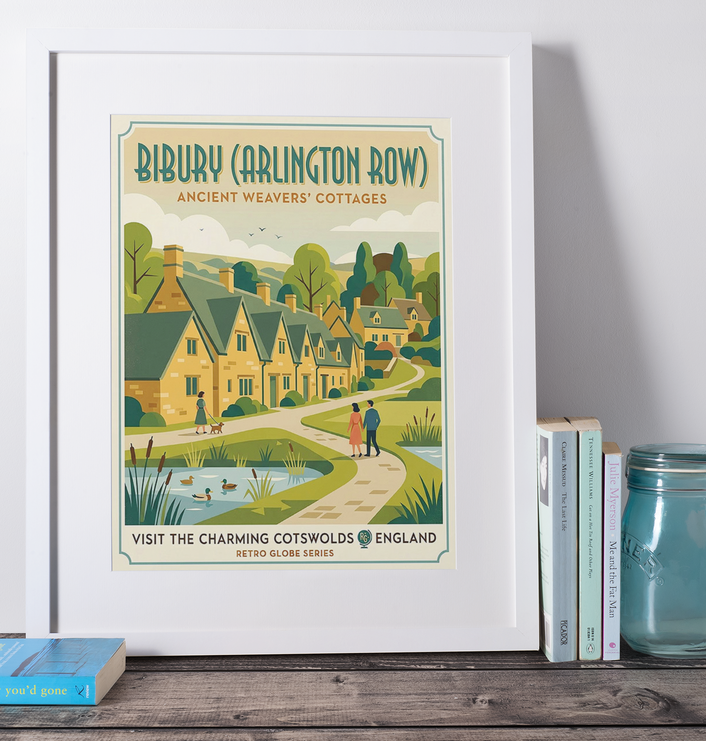 Bibury Retro Travel Print – Mid‑Century Cotswolds Wall Art