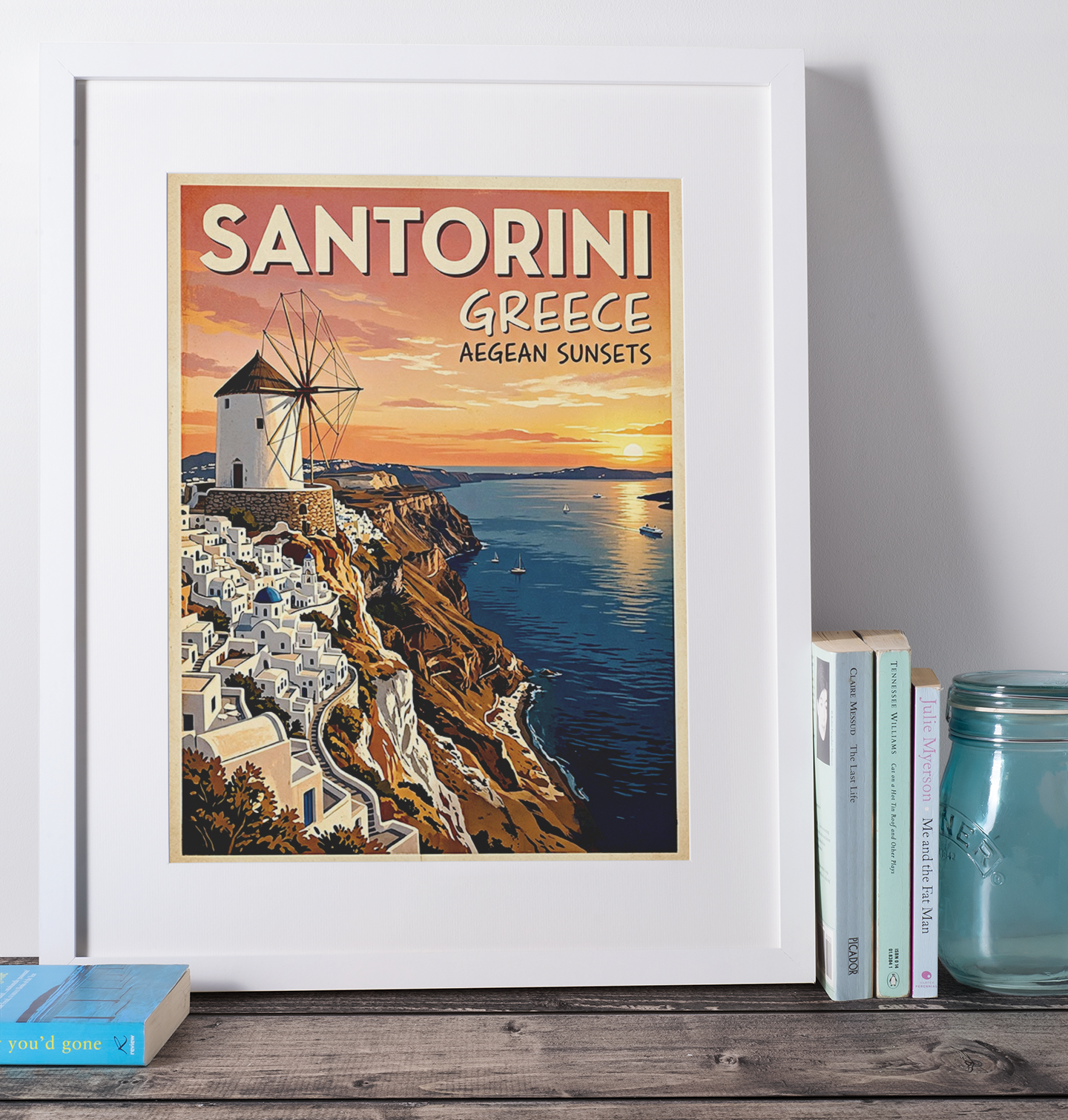 Santorini Greece Travel Poster – Aegean Sunsets Retro Wall Art