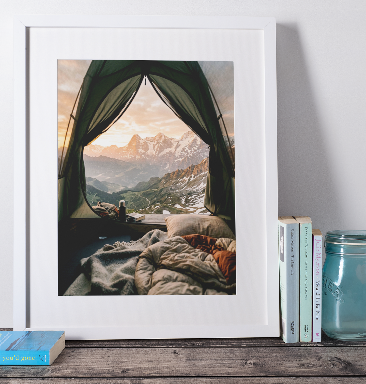 Mountain Tent View – Cozy Sunrise Adventure Print