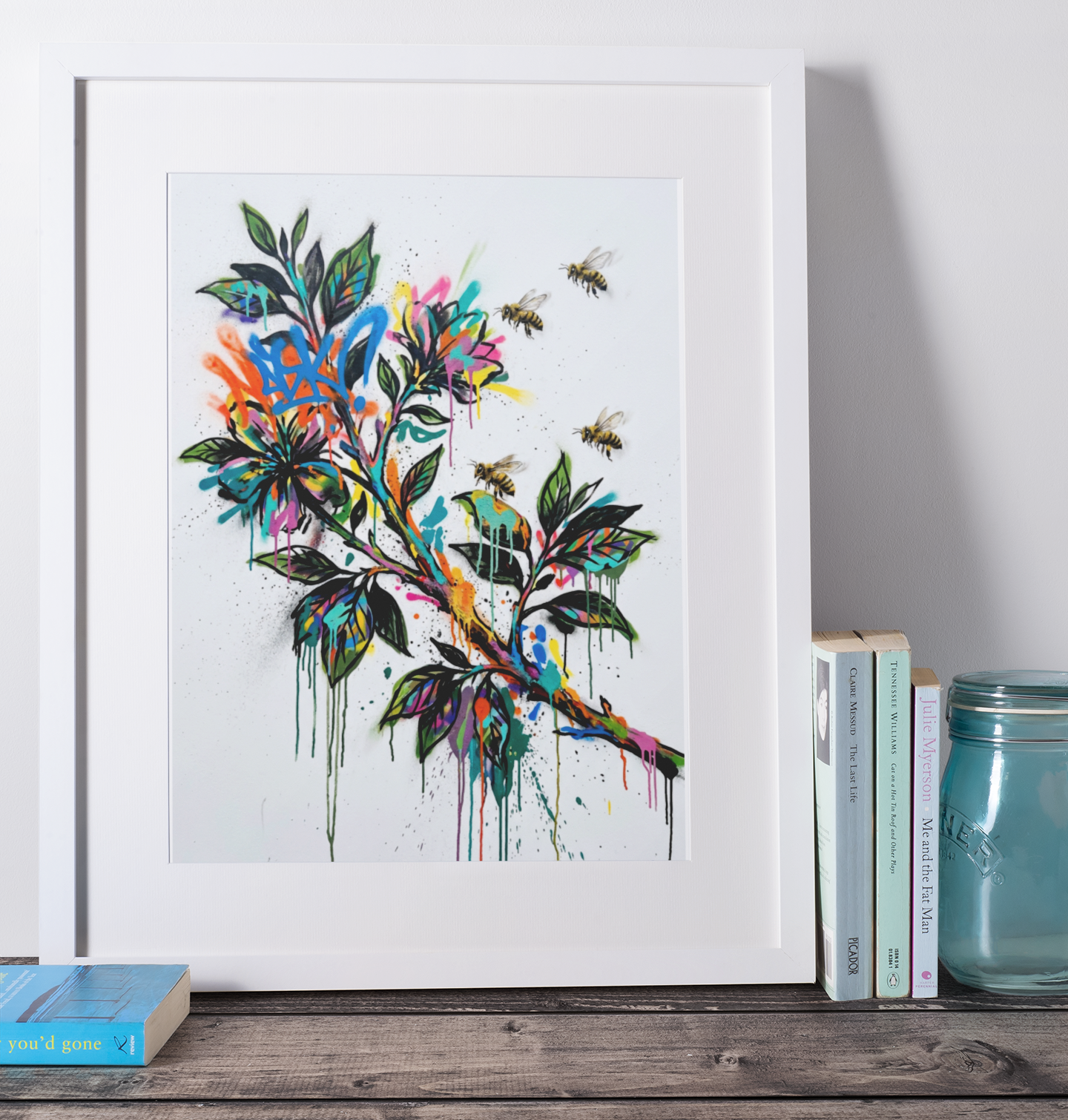 Bee & Blossom Art Print – Expressive Botanical Graffiti‑Style Wall Art