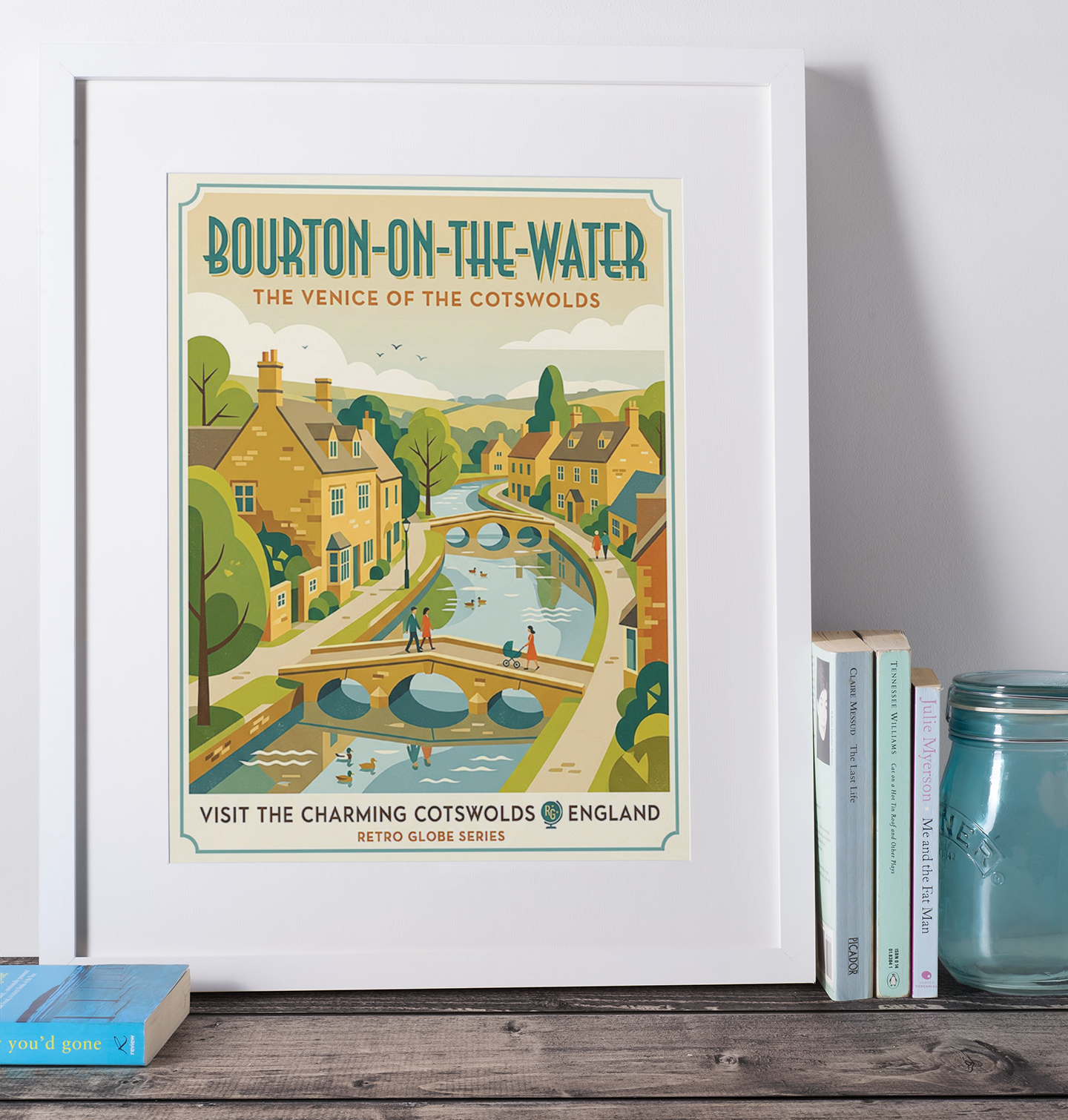 Bourton‑on‑the‑Water Retro Travel Print – Mid‑Century Cotswolds Wall Art