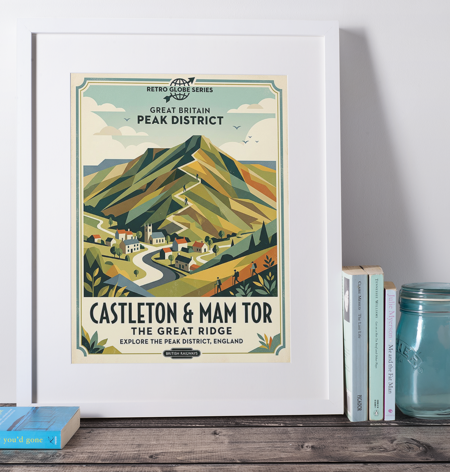 Castleton & Mam Tor Retro Travel Print – Mid‑Century Peak District Wall Art