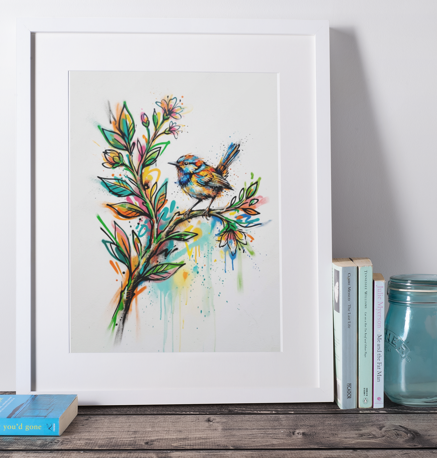 Bird & Blossom Art Print – Expressive Botanical Graffiti‑Style Wall Art
