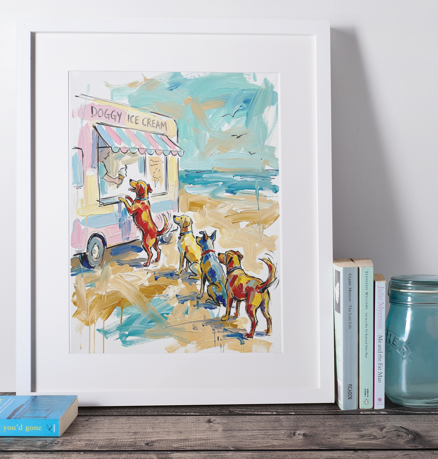 Doggy Ice Cream Beach Coloursplash Coastal Print – Modern Nautical Wall Art