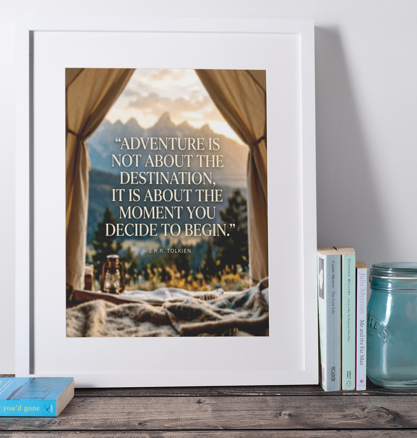 Adventure Begins – Tent View Mountain Sunrise Print