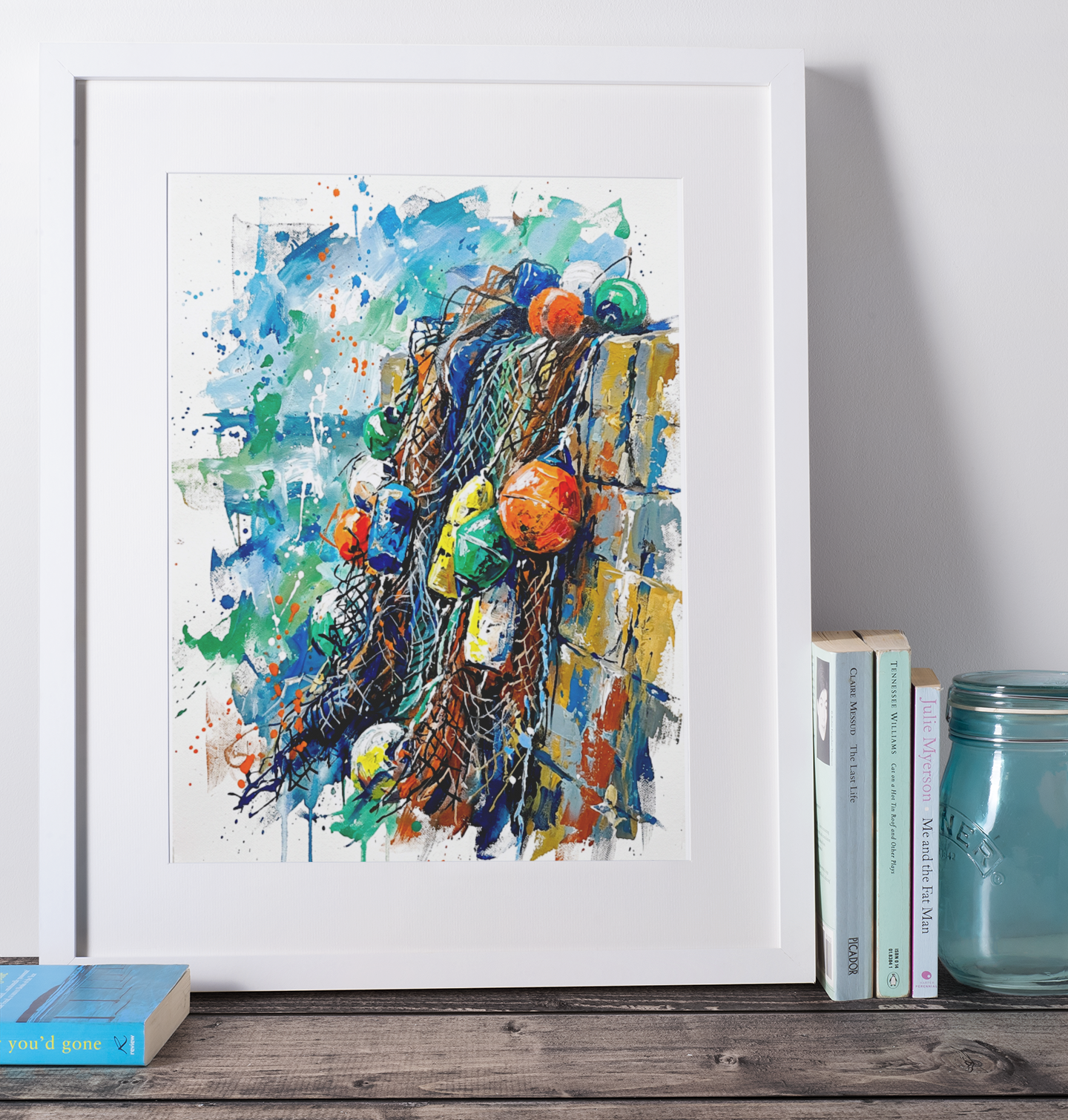 Expressive Coloursplash Fishing Net & Buoys Print – Contemporary Coastal Wall Art