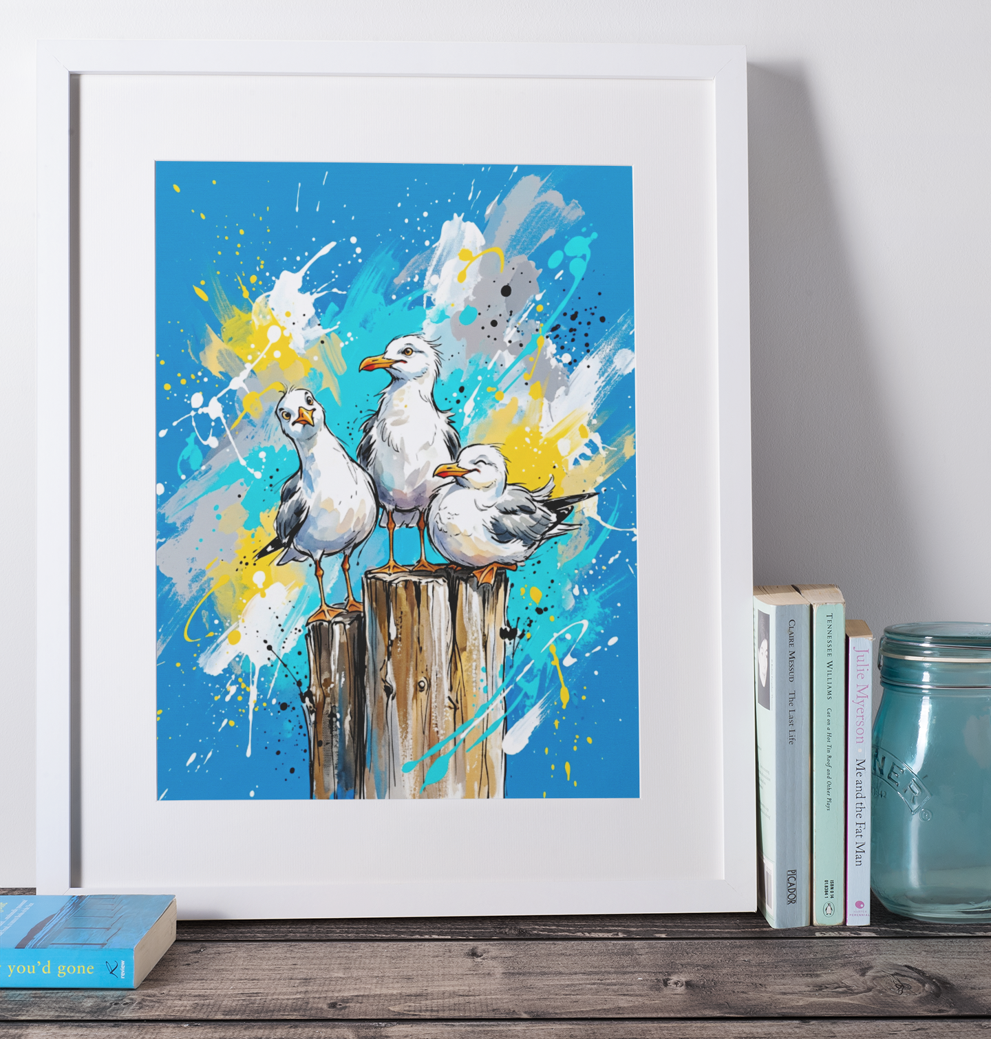 Seagulls on Posts Coloursplash Coastal Print – Modern Nautical Wall Art