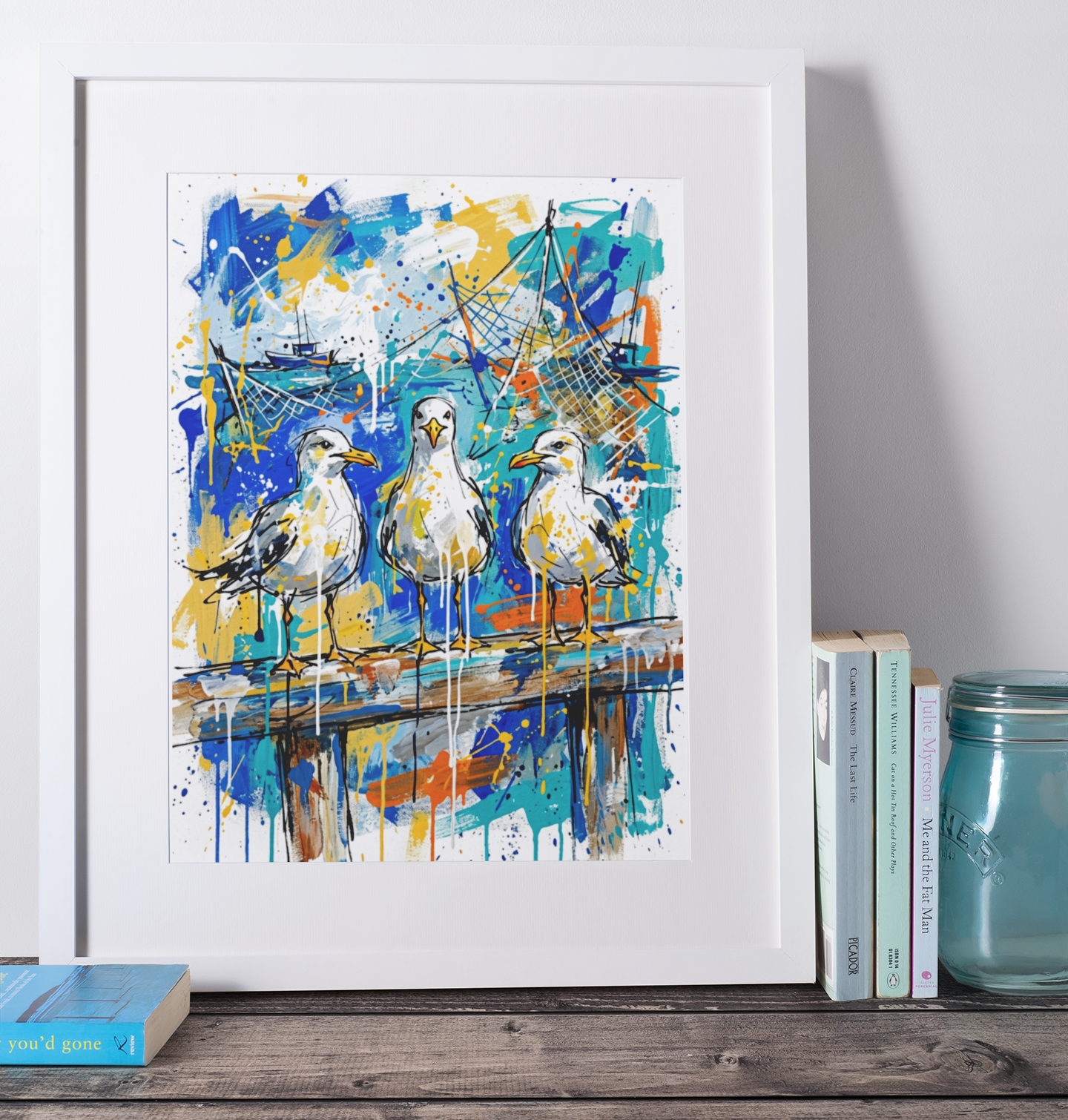 Expressive Coloursplash Seagulls on Beam Print – Contemporary Coastal Wall Art