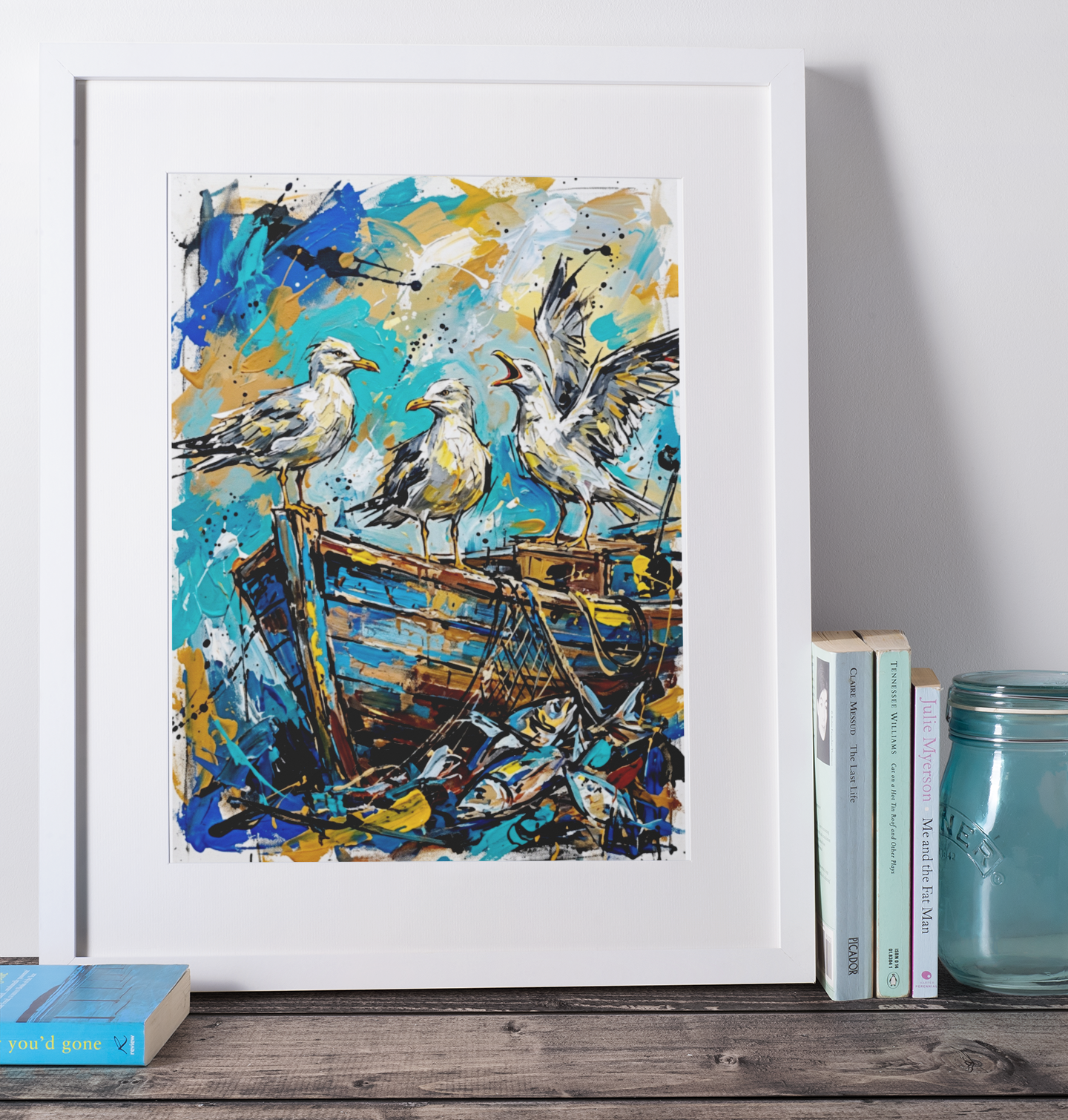 Expressive Coloursplash Seagulls & Fishing Boat Print – Contemporary Coastal Wall Art
