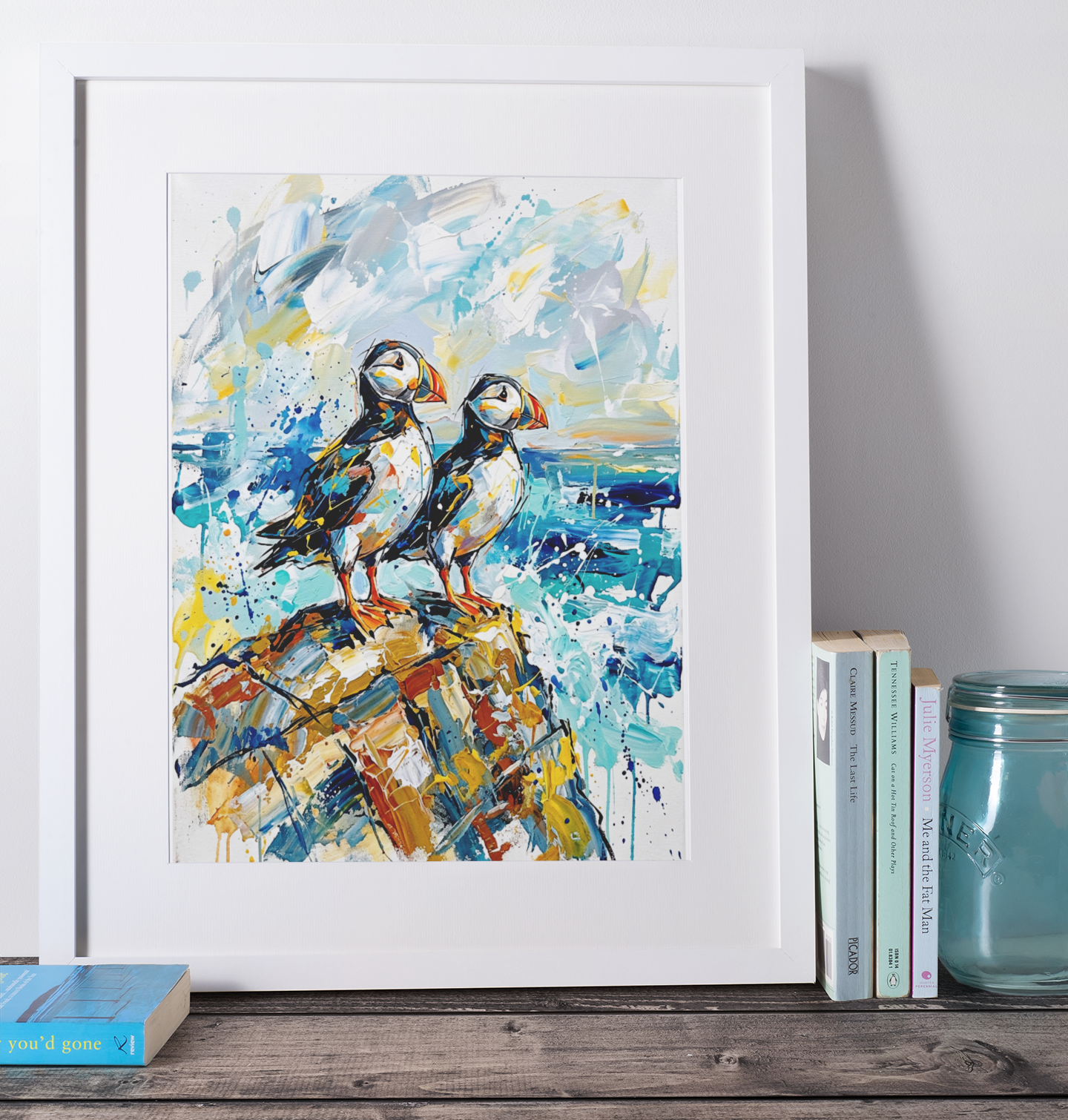 Puffins on the Cliff – Abstract Coastal Coloursplash Print