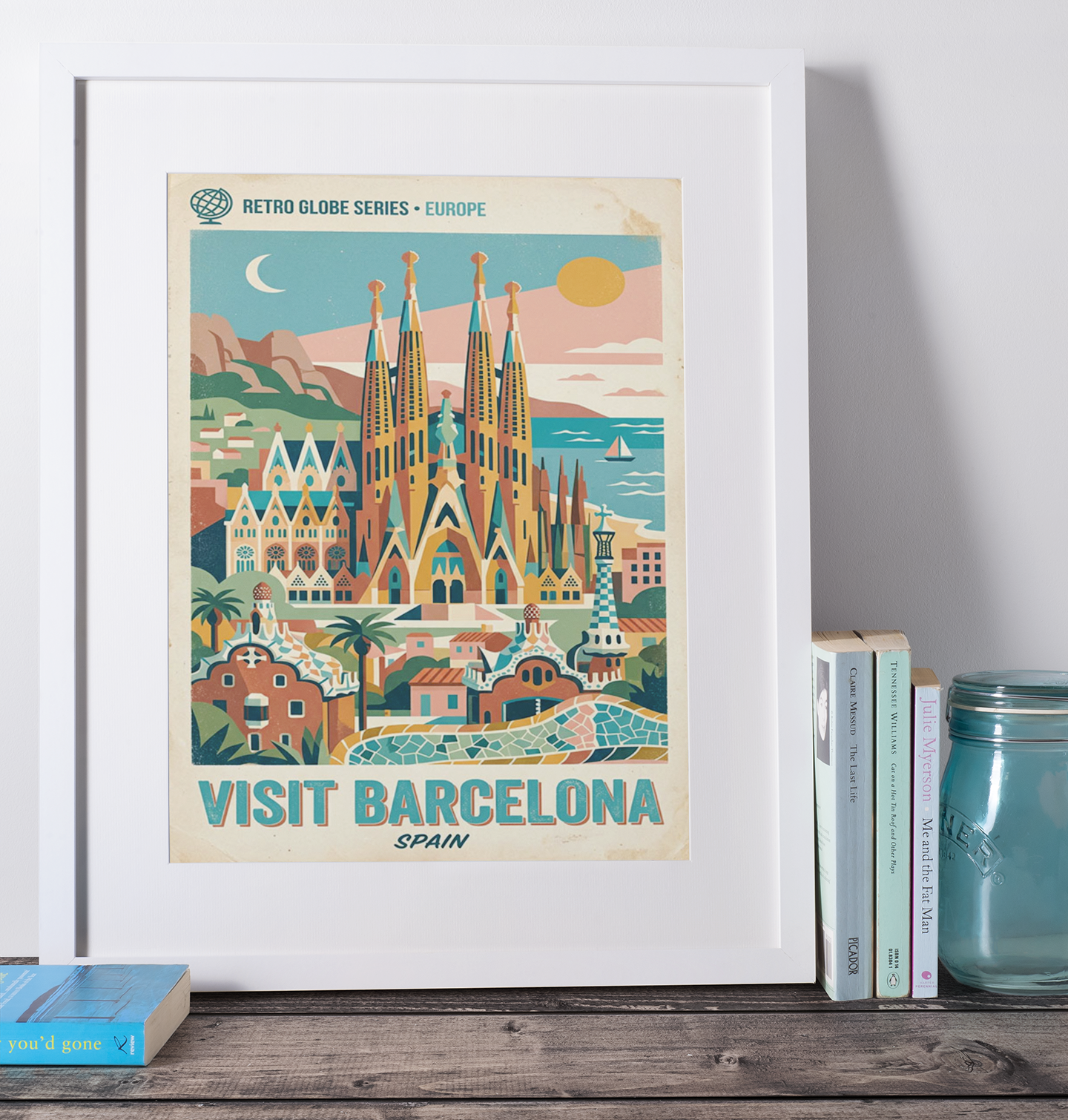 Barcelona Retro Travel Print – Mid‑Century Spain Wall Art