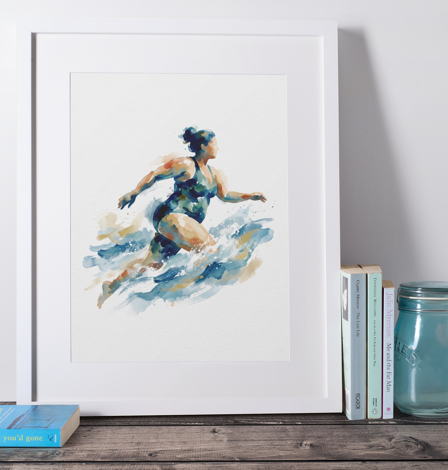 Open Water Swimmer Print – Expressive Watercolour Coastal Wall Art