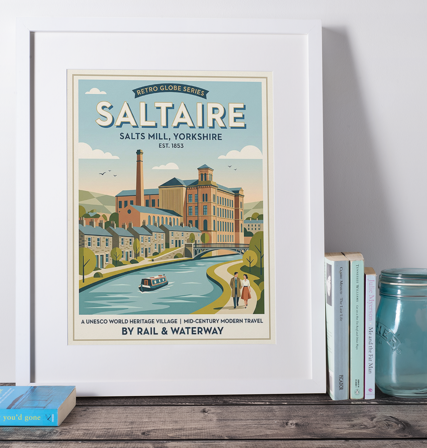 Saltaire Retro Travel Print – Mid‑Century Yorkshire Wall Art