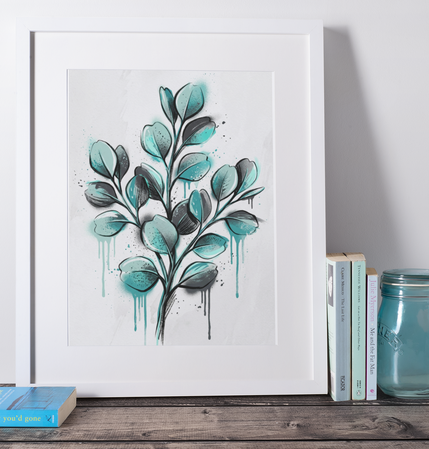 Teal Abstract Leaf Art Print – Expressive Botanical Graffiti‑Style Wall Art