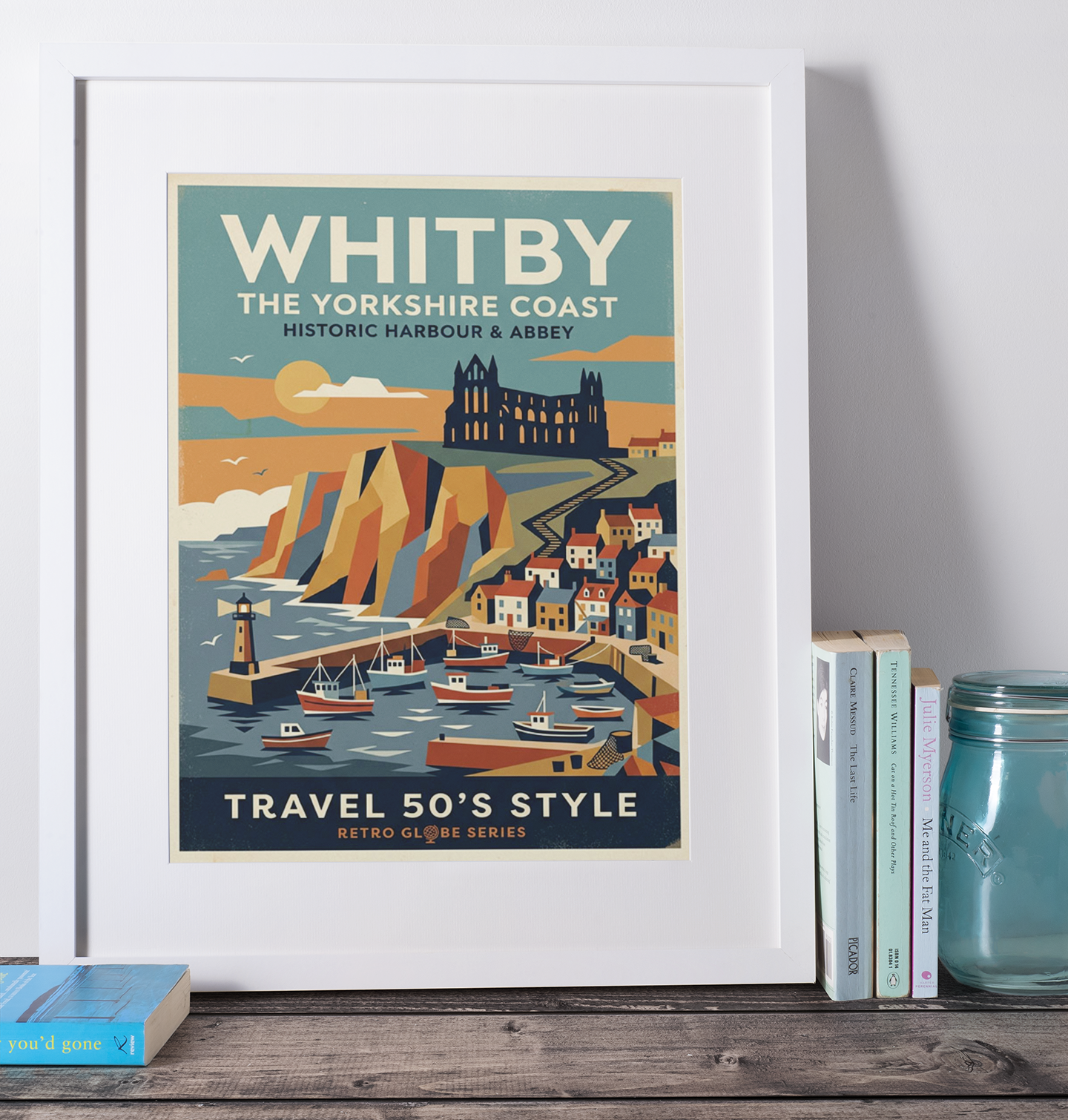 Whitby Retro Travel Print – Mid‑Century Yorkshire Coast Wall Art