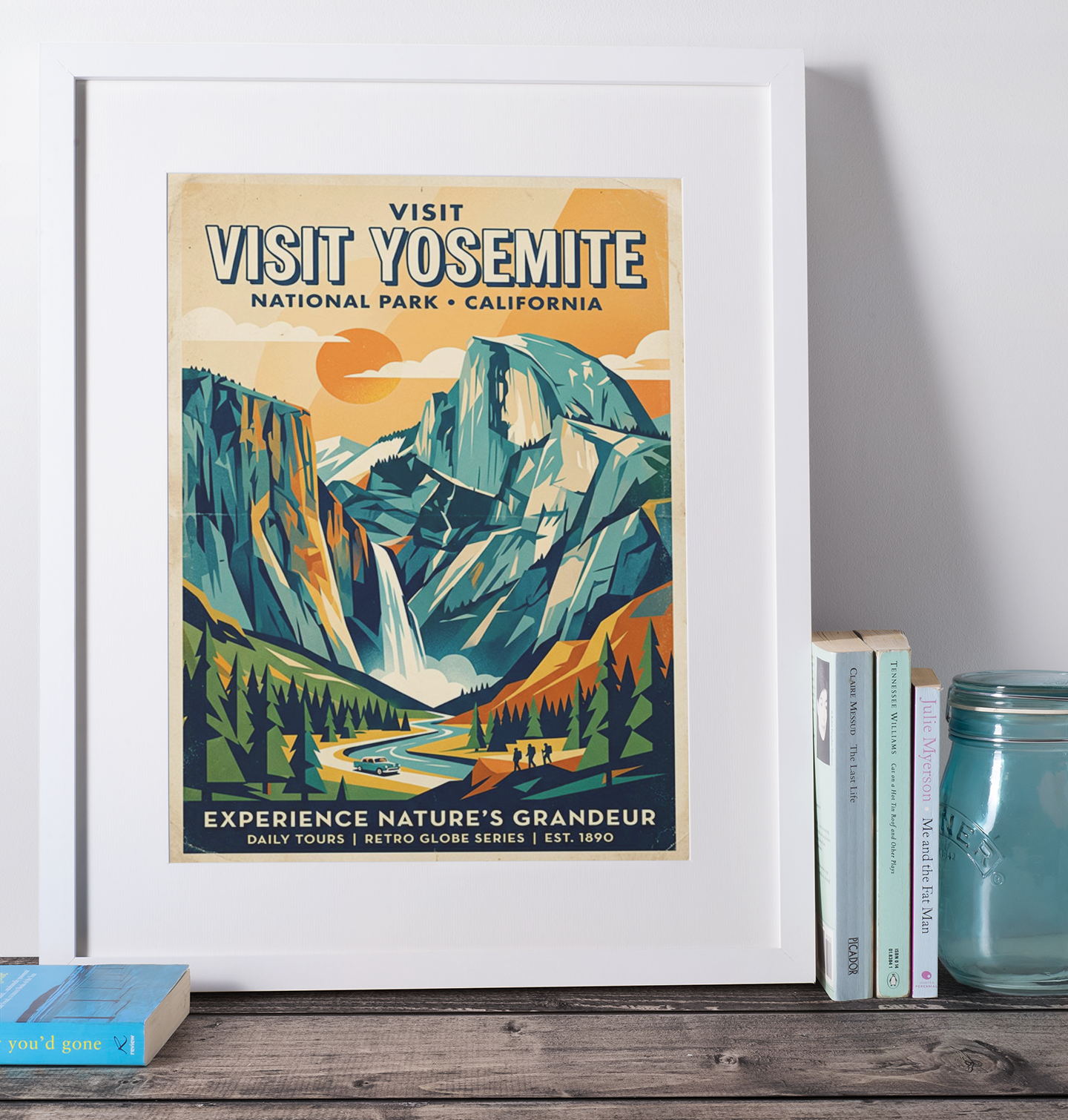 Yosemite National Park Retro Travel Poster – Mid-Century Geometric Landscape Art (Framed/Unframed)