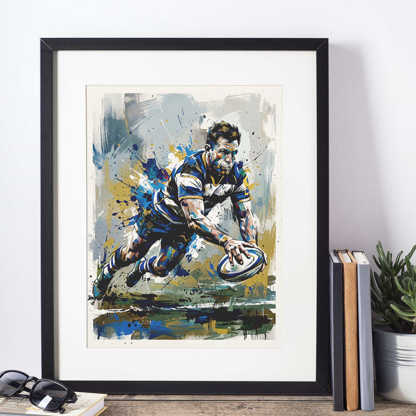 Bath Rugby Inspired Try‑Scoring Art Print – Dynamic Blue & White Expressive Sports Artwork