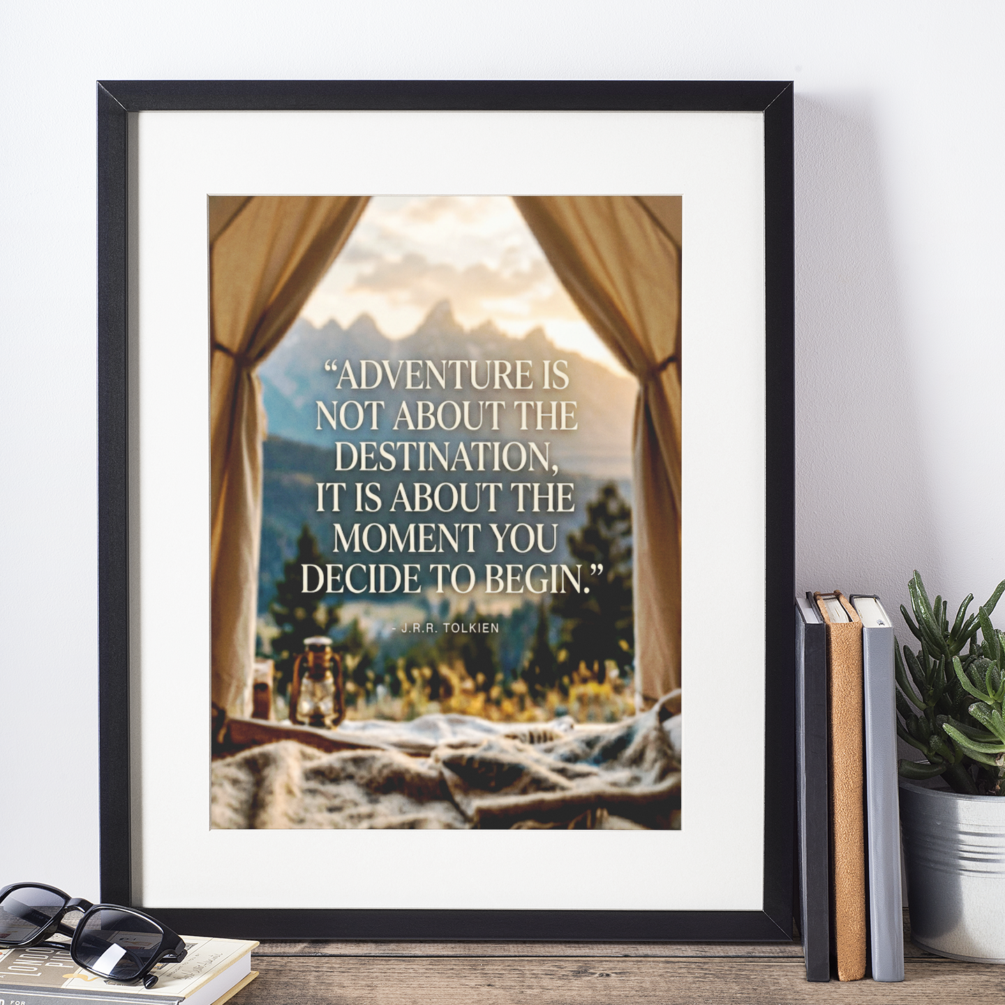 Adventure Begins – Tent View Mountain Sunrise Print