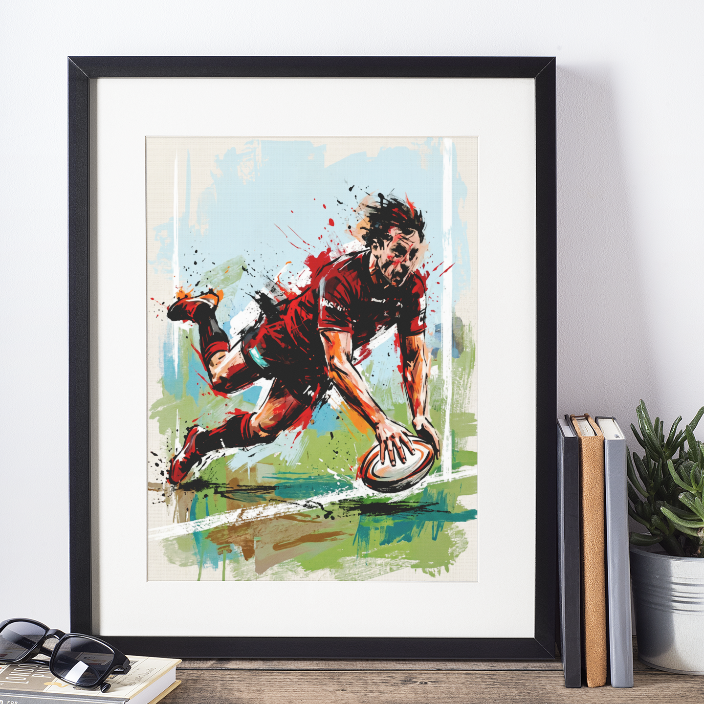 Saracens Inspired Try‑Scoring Rugby Art Print – Dynamic Red & Black Expressive Sports Artwork