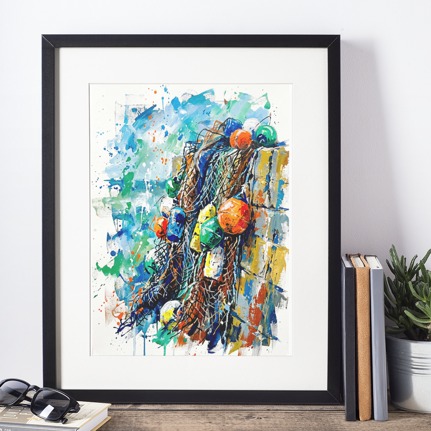 Expressive Coloursplash Fishing Net & Buoys Print – Contemporary Coastal Wall Art