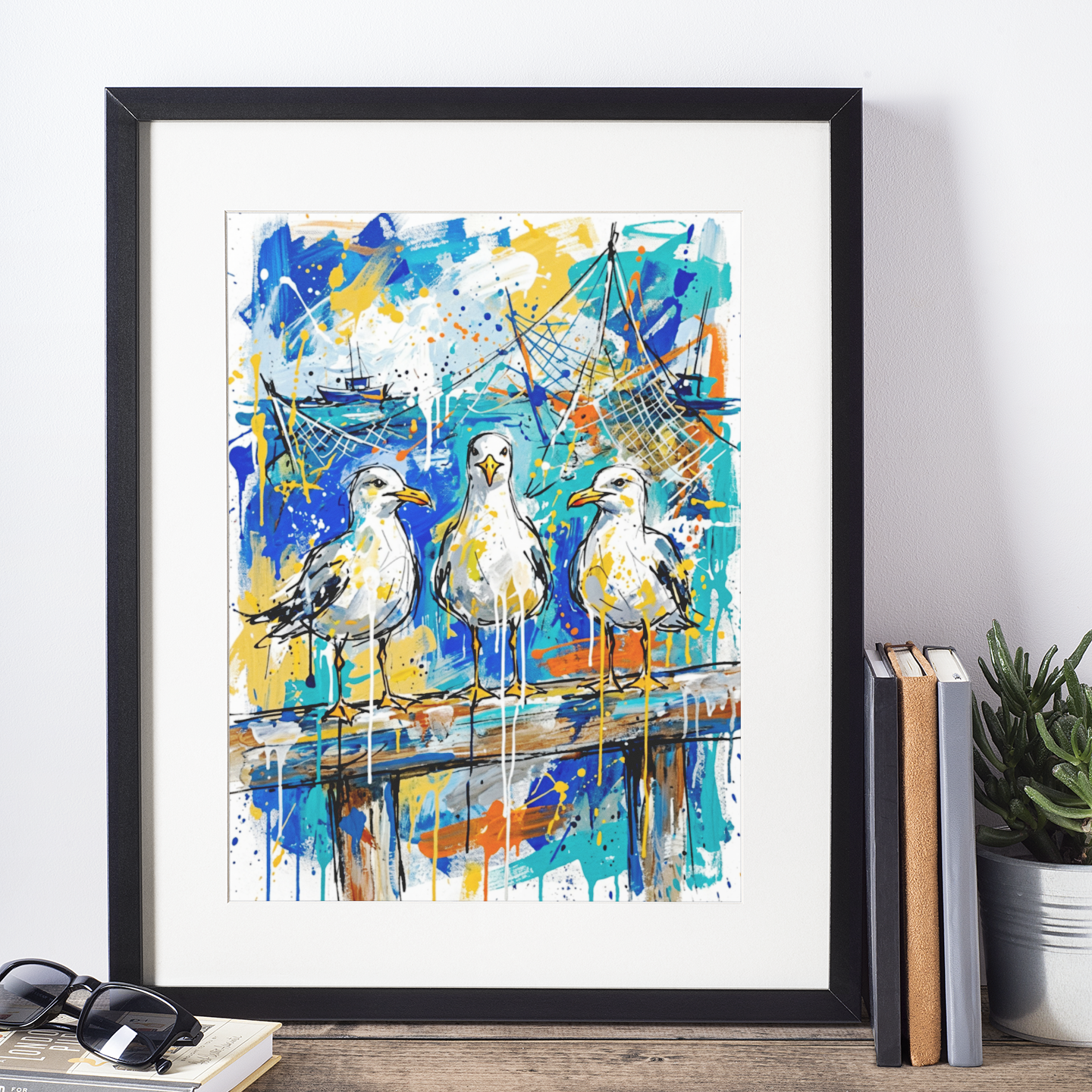 Expressive Coloursplash Seagulls on Beam Print – Contemporary Coastal Wall Art