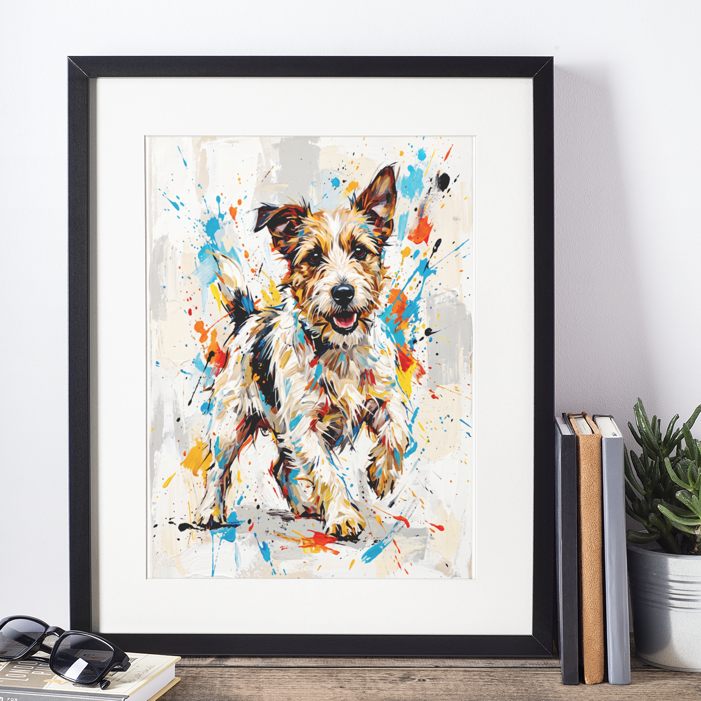 A framed art print featuring a colourful watercolour-style dog portrait, displayed on a wooden shelf next to books, sunglasses, and a small potted plant against a white wall.