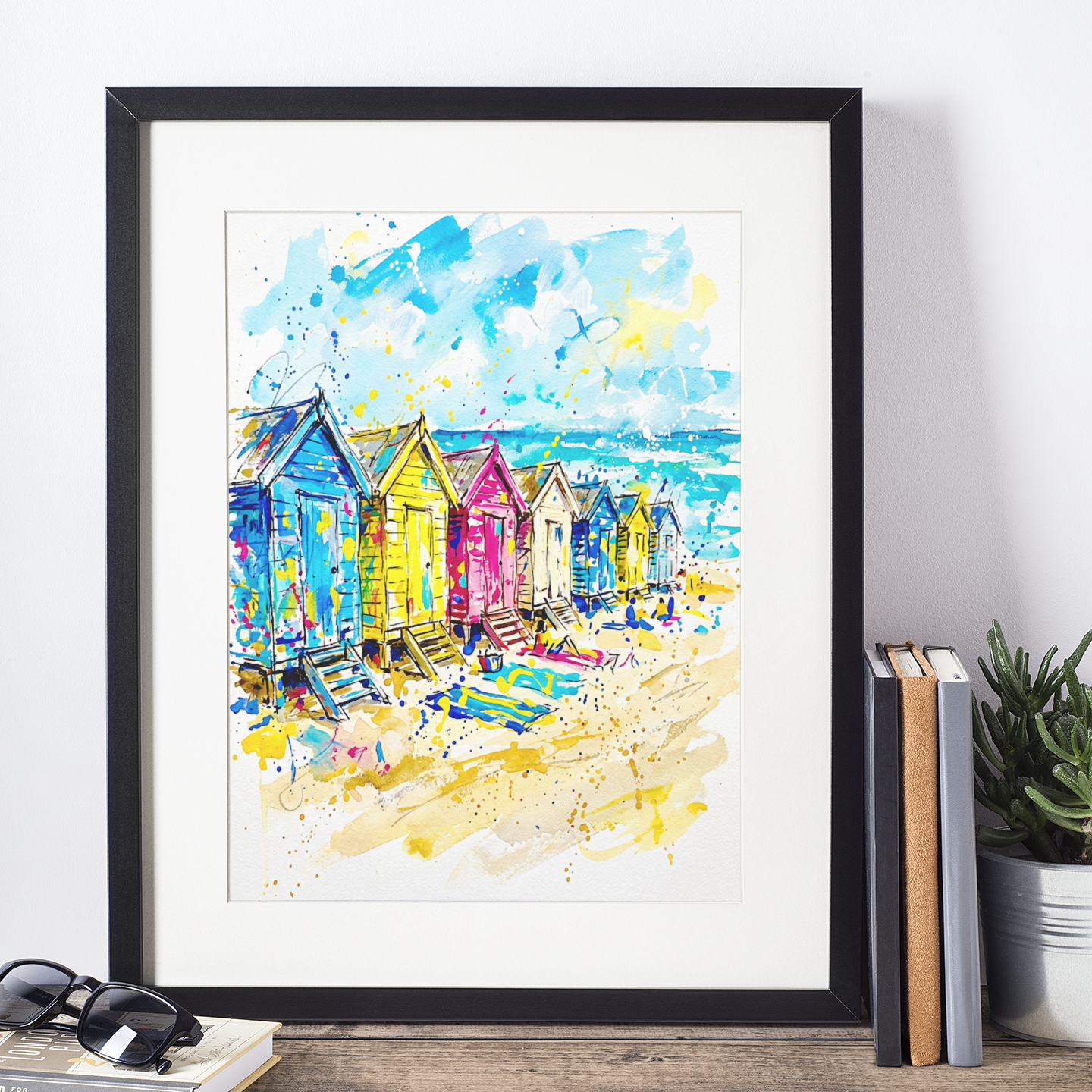 Expressive Coloursplash Beach Huts Print – Vibrant Coastal Wall Art