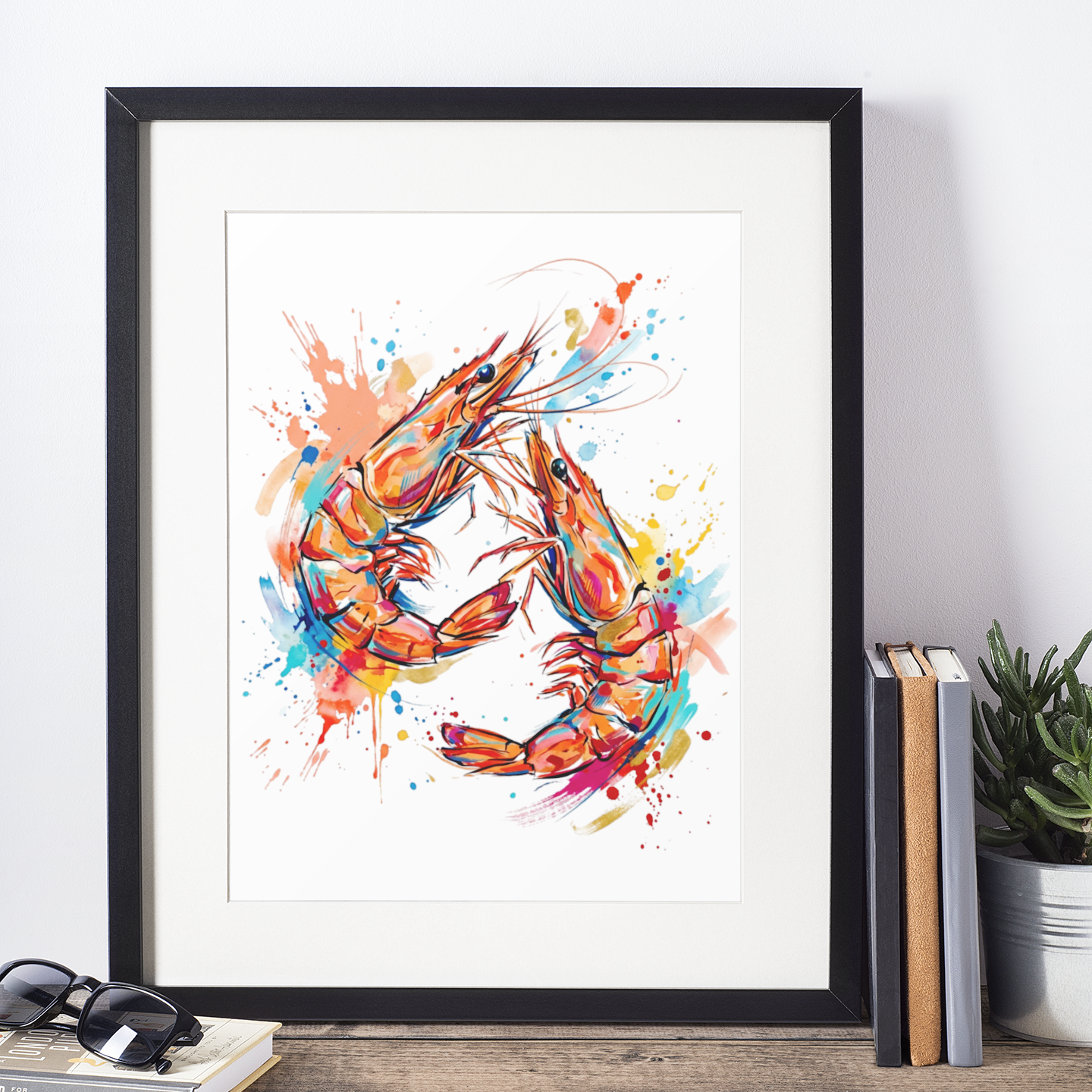Expressive Coloursplash Shrimp Duo Print – Contemporary Coastal Wall Art