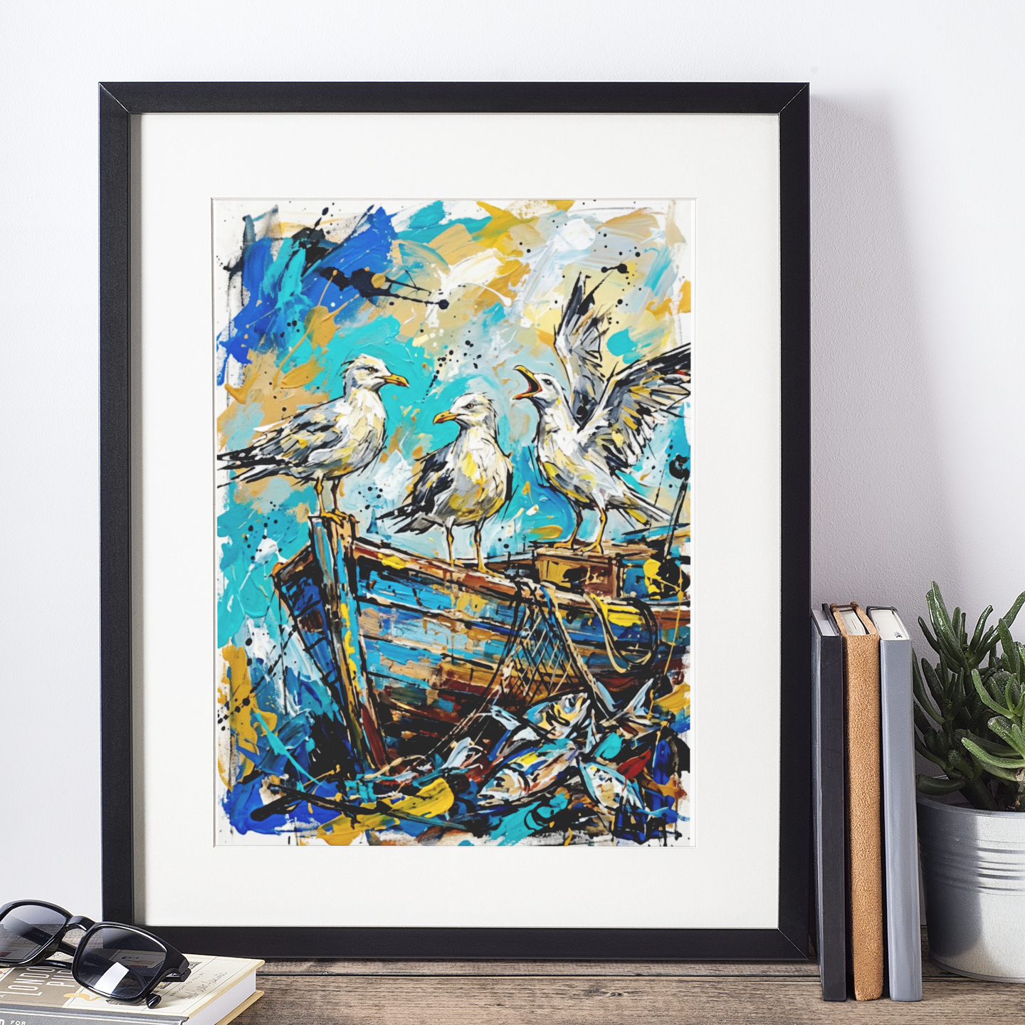 Expressive Coloursplash Seagulls & Fishing Boat Print – Contemporary Coastal Wall Art