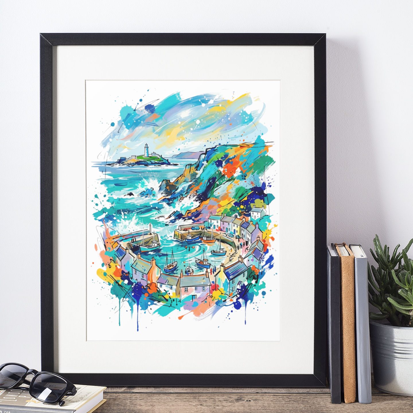 Cornwall Harbour Art Print – Expressive Colourful Coastal Landscape | Bella Leaf Studio