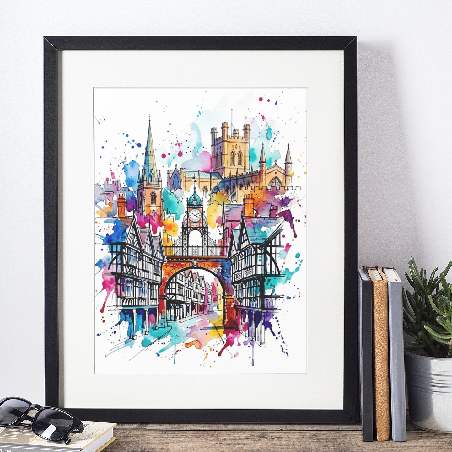 A framed watercolor art print of Oxford Castle and the Market Arch, displayed on a wooden shelf next to books, sunglasses, and a potted plant.