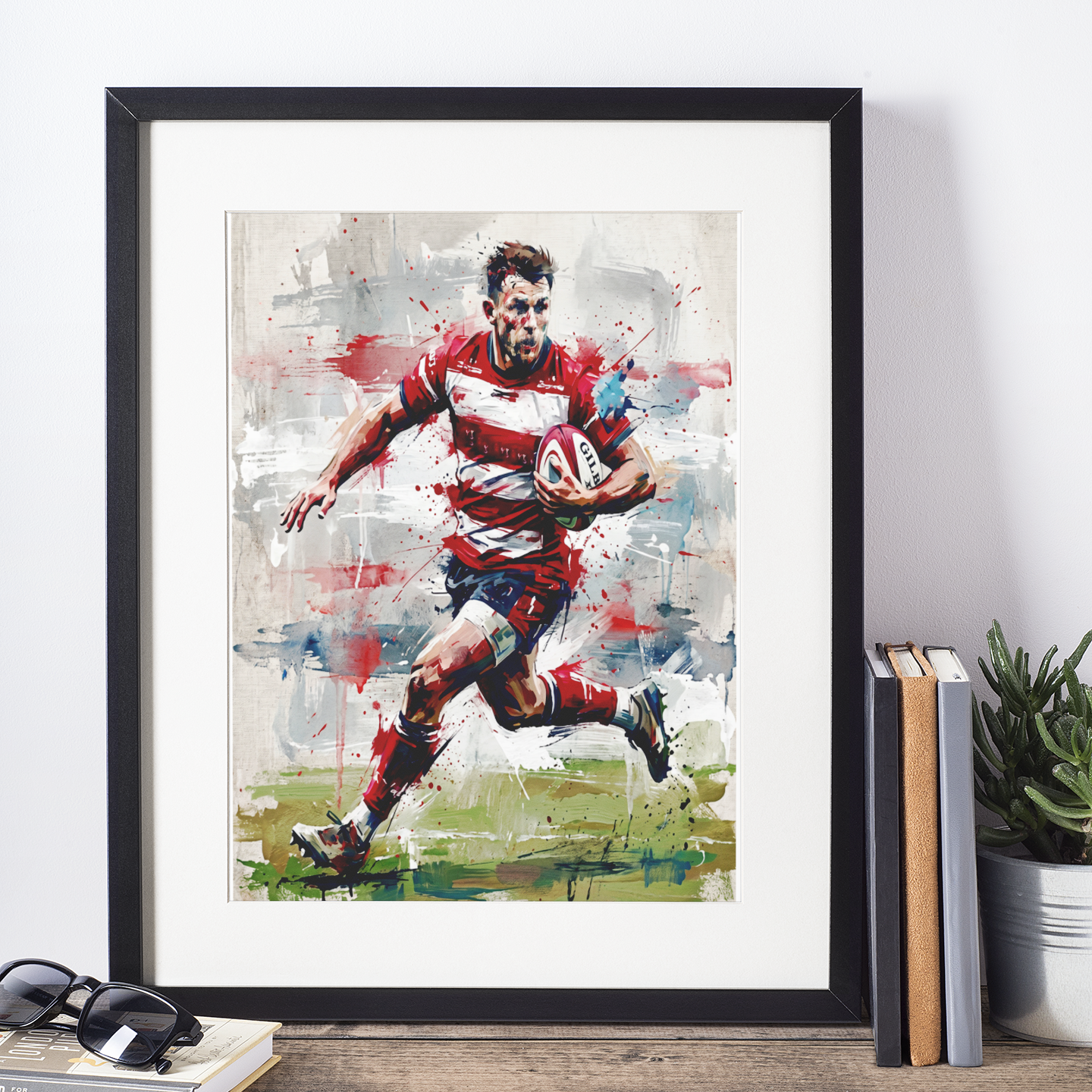 Gloucester Rugby Inspired Art Print – Dynamic Red & White Expressive Sports Artwork