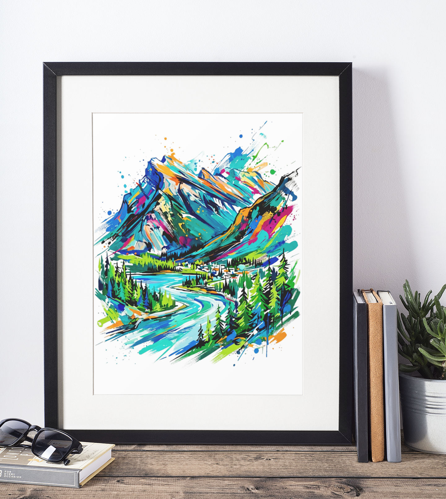 A framed watercolor landscape art print featuring a colorful mountain scene with a winding river and pine trees, displayed on a wooden surface next to books and a small plant.