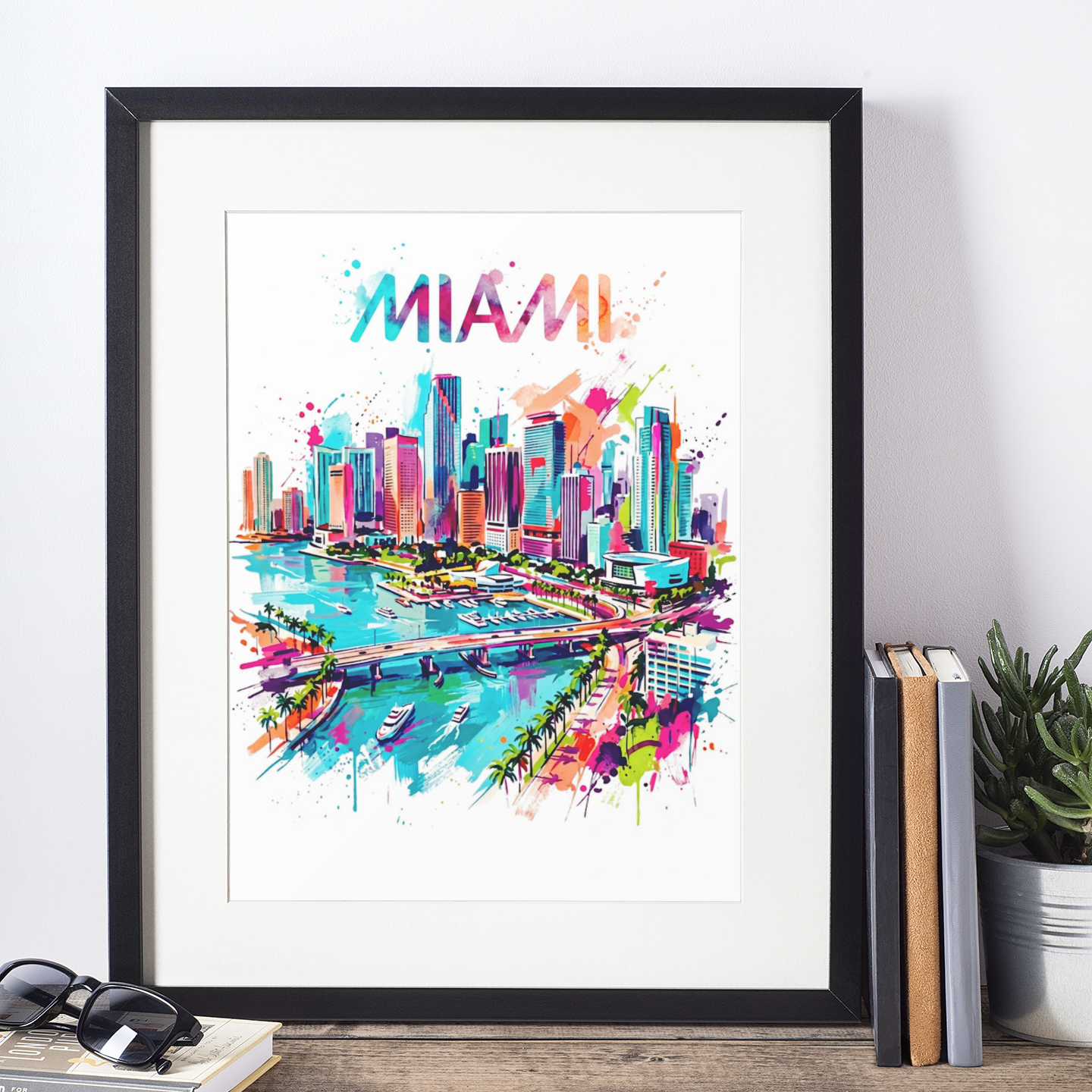 Framed Miami skyline art print with colorful letters, palm trees, and riverfront cityscape.