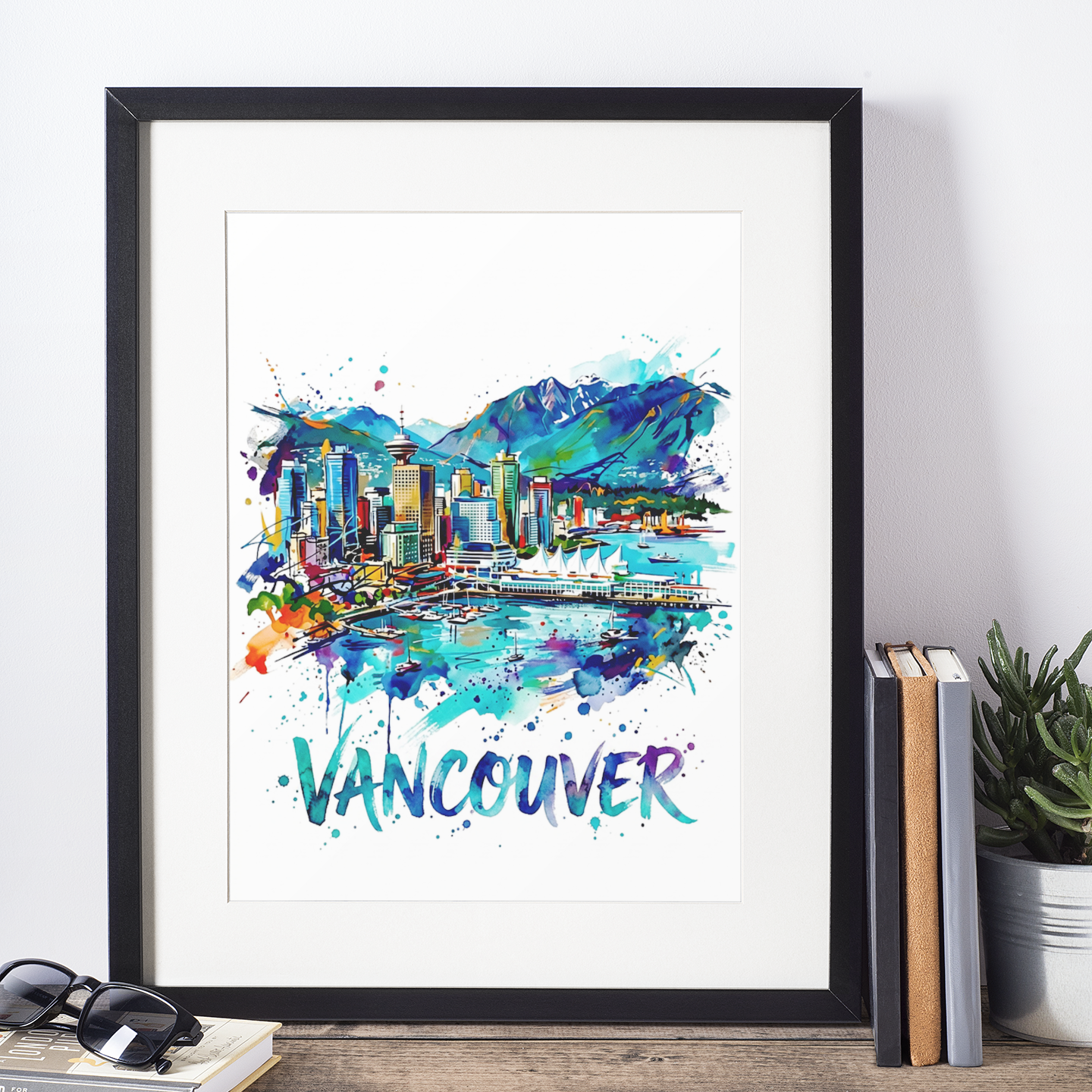 Framed Vancouver art print with colorful city skyline, mountains, and harbor paint splashes