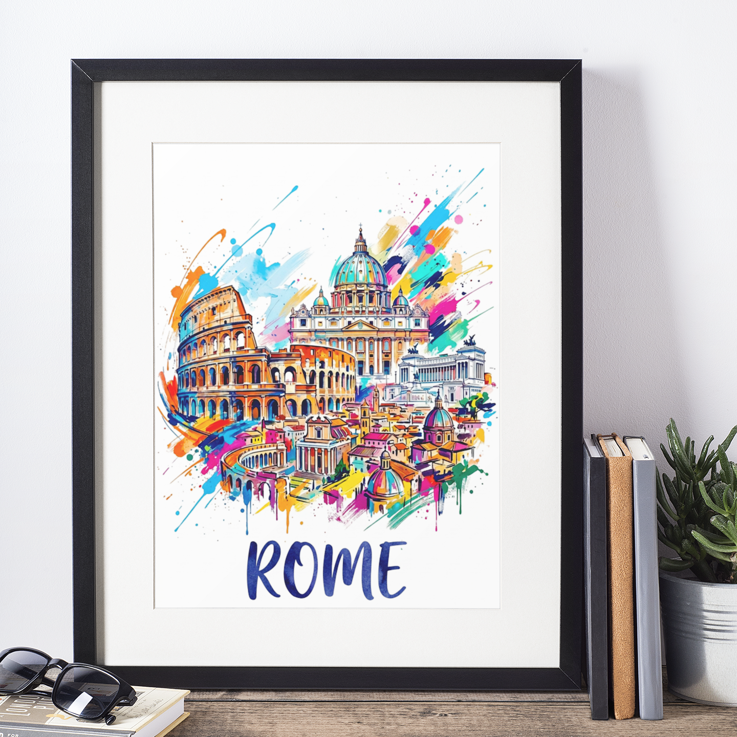 Black-framed Rome watercolor splash art print with domed landmark, arches, and 'ROME' text