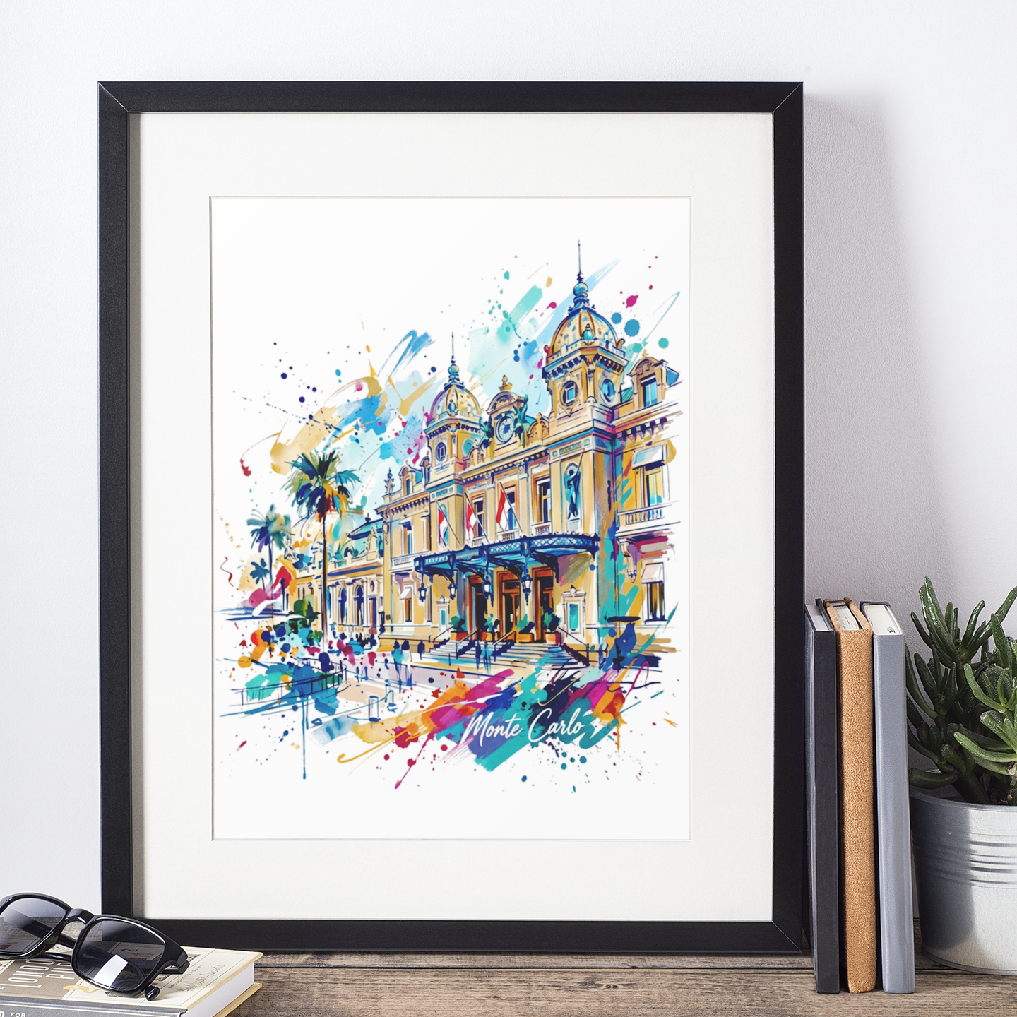 Black-framed Monte Carlo casino building art print with watercolor splatter and plaza walkway