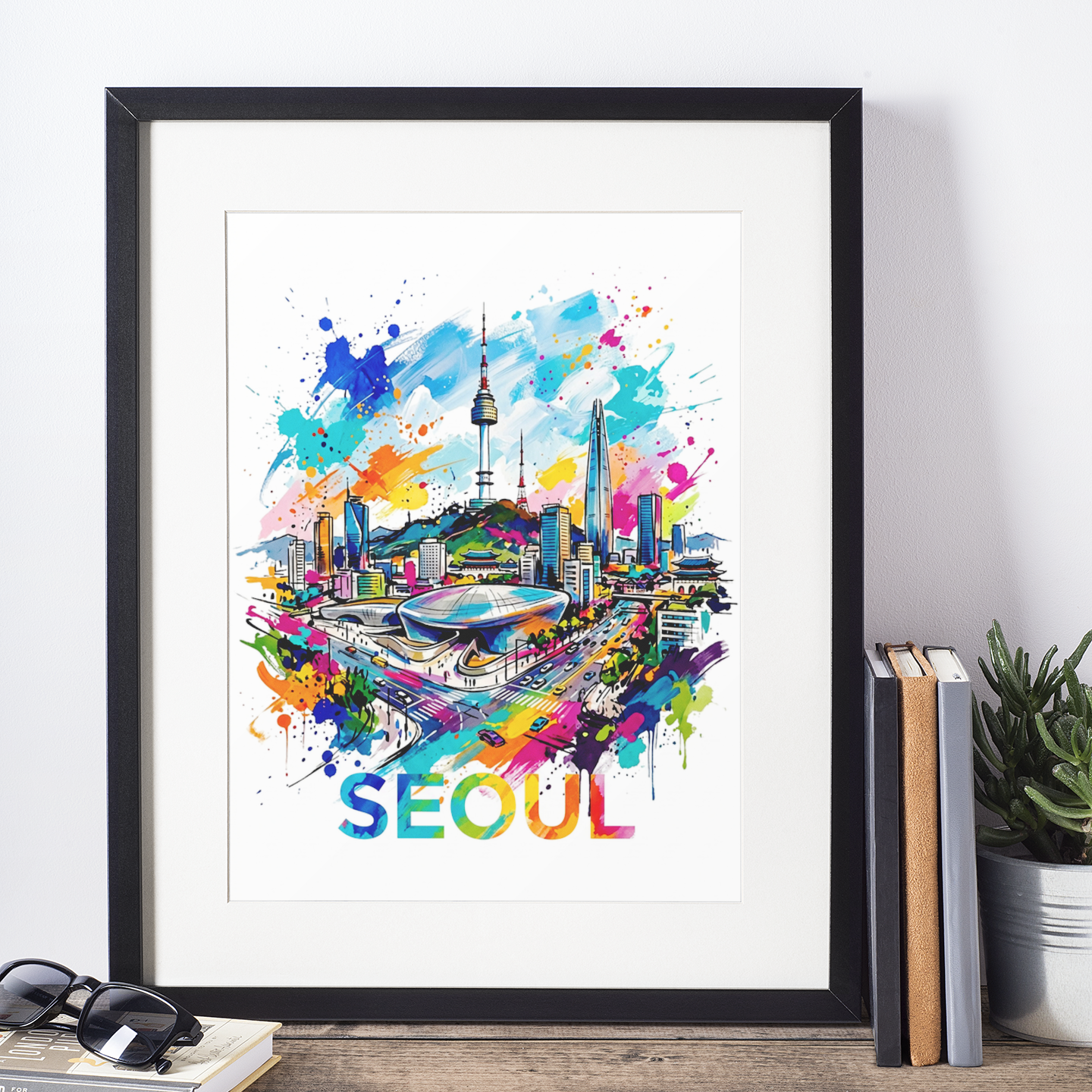 Framed Seoul colorsplash art print in black frame showing colorful skyline and “SEOUL” lettering